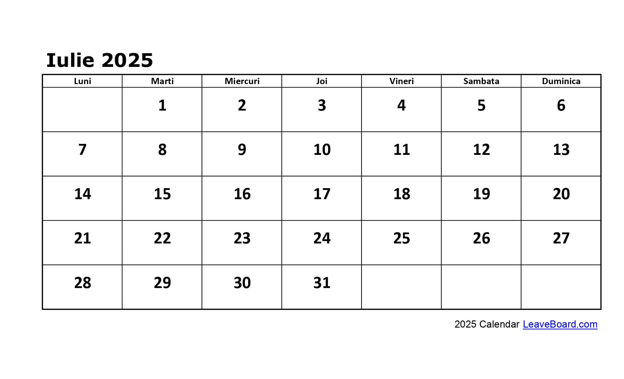 Calendar Iulie August 2025