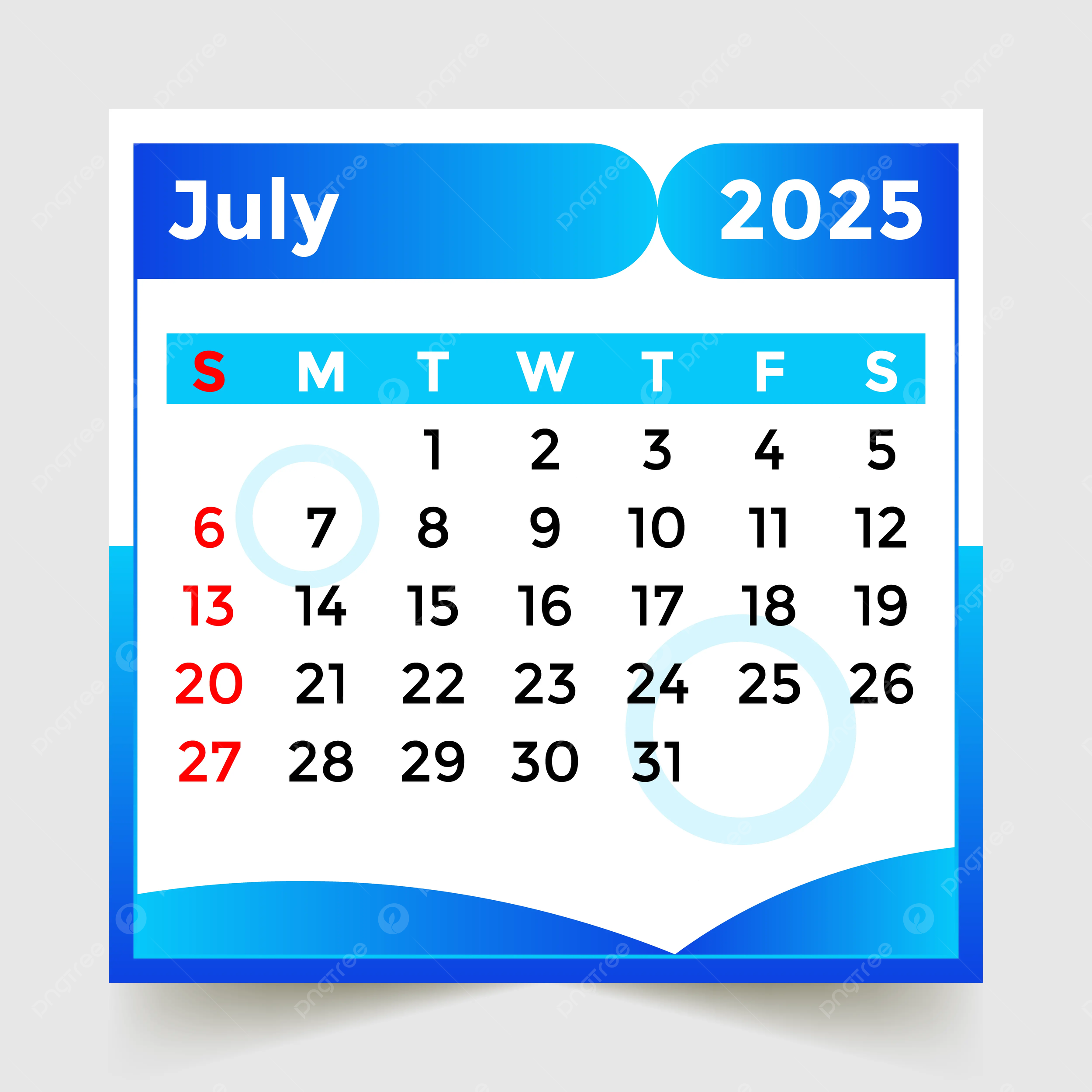 Calendar 2025 Month Of July Skyblue Vector Template Download On Pngtree
