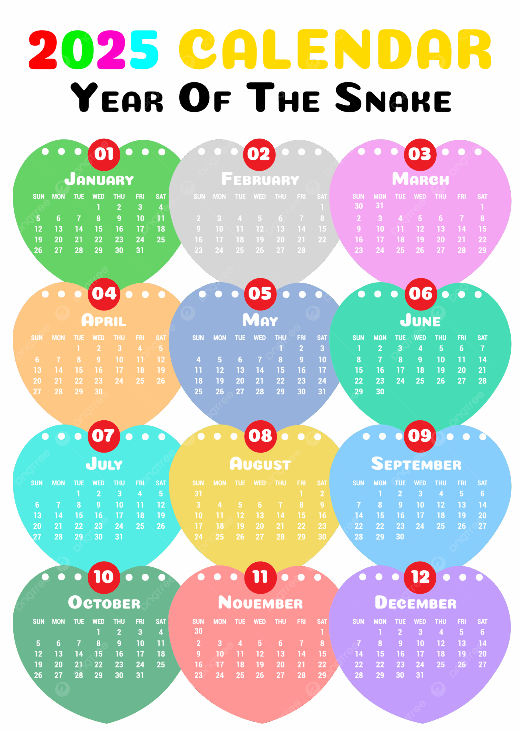 Calendar 2025 Transperent Heart Shape Cute Design Template Full 12 Month Year Of The Snake Illustration Vector Template Download On Pngtree