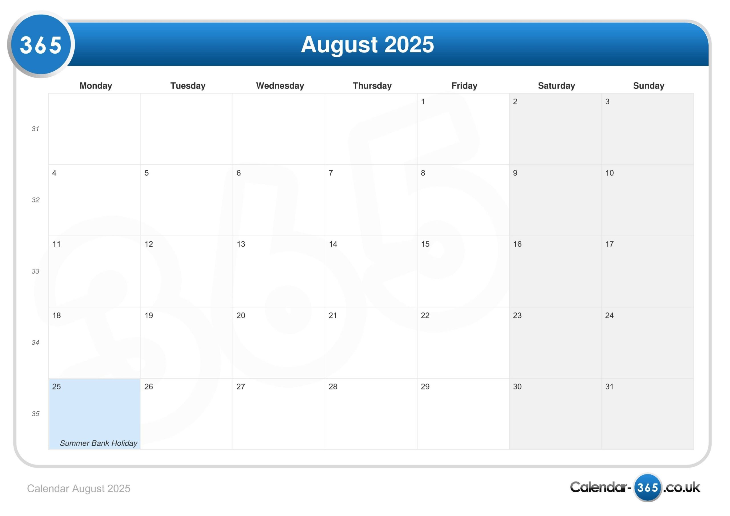 Calendar August 2025