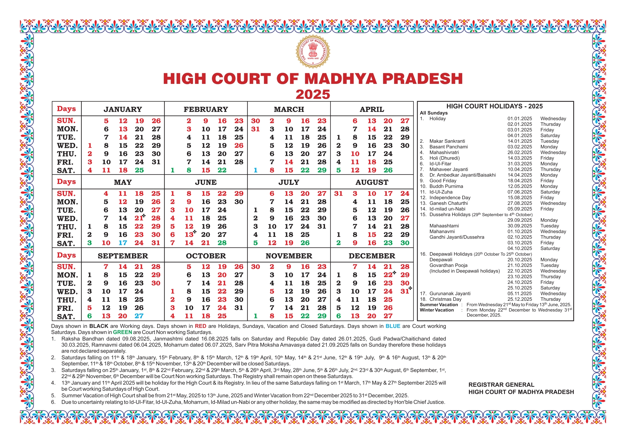 Calendar High Court Of Madhya Pradesh