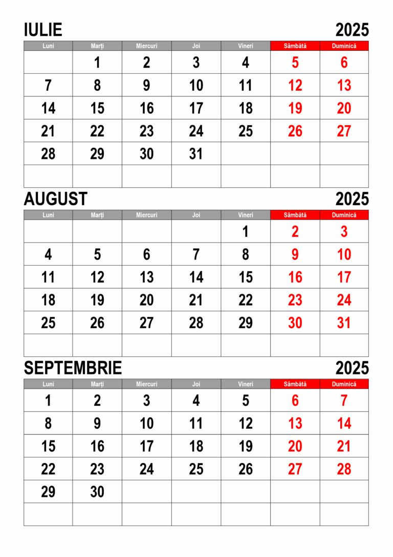 Calendar Iulie August Septembrie 2025 Calendarul su Calendare Romanesti Imprimabile Gratuite