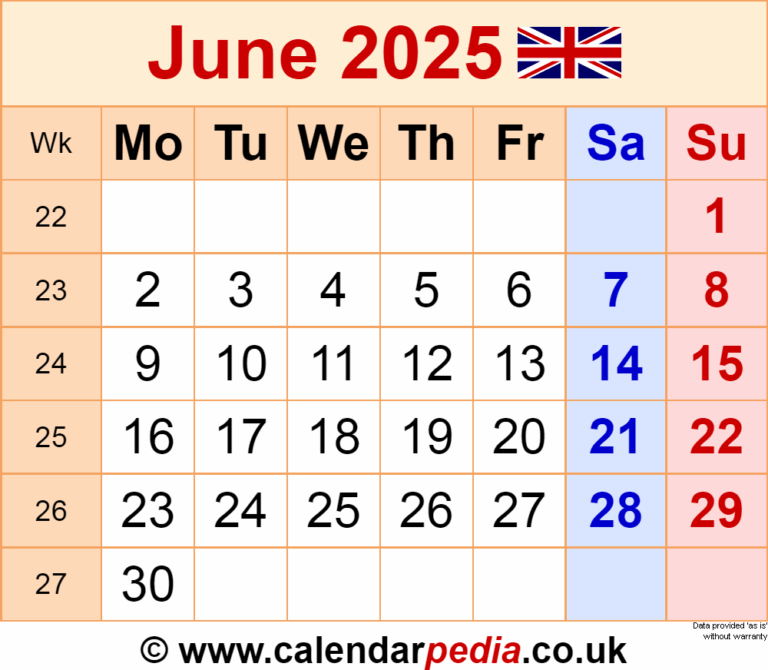 Calendar June 2025 UK With PDF Excel And Word Templates