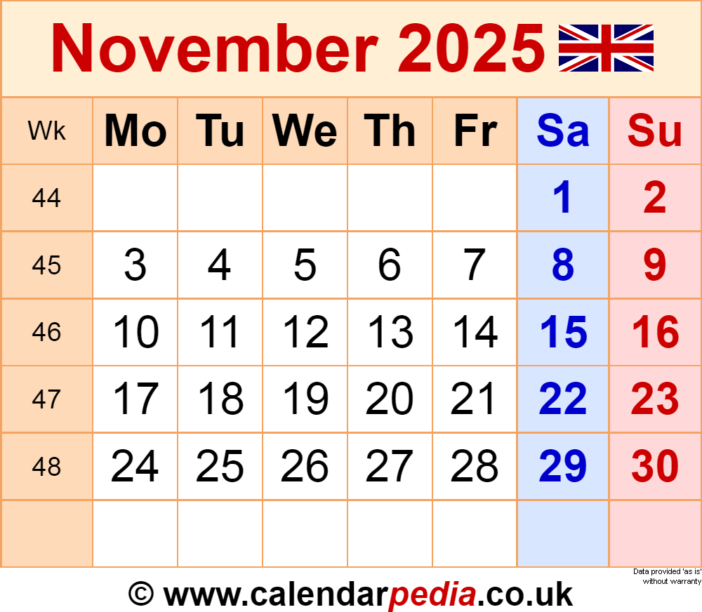 Calendar November 2025 UK With PDF Excel And Word Templates