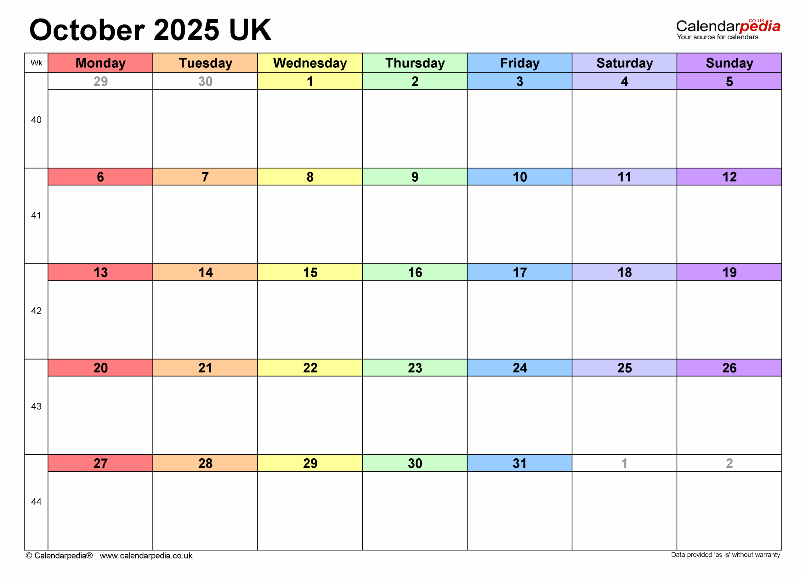 Vertical October 2025 Calendar
