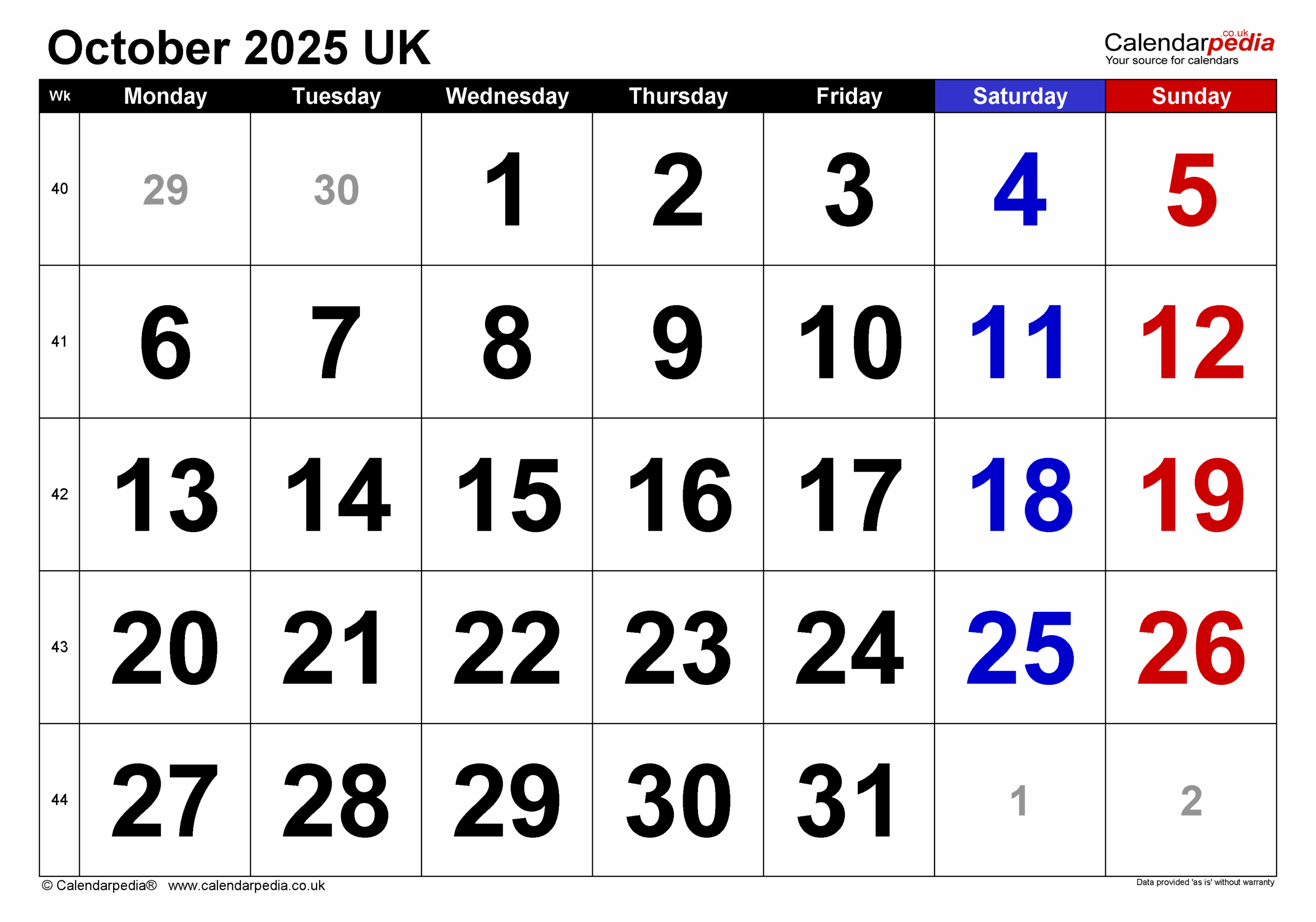 Holidays Calendar October 2025