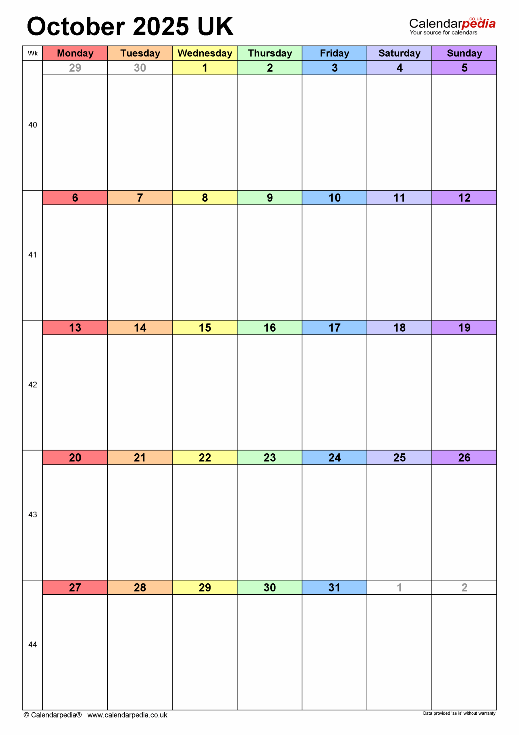 October 2025 Calendar Word