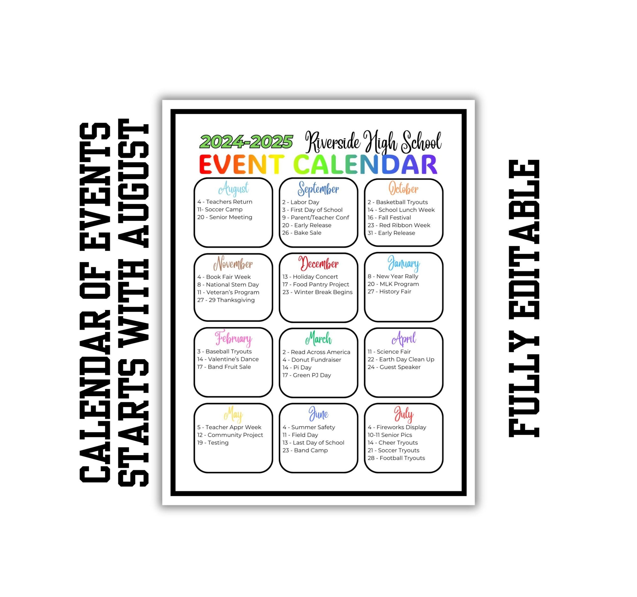 CALENDAR OF EVENTS Starts With August Planner Events Template Academic Years Year At A Glance Teachers Homeschool Co ops Clubs Etsy