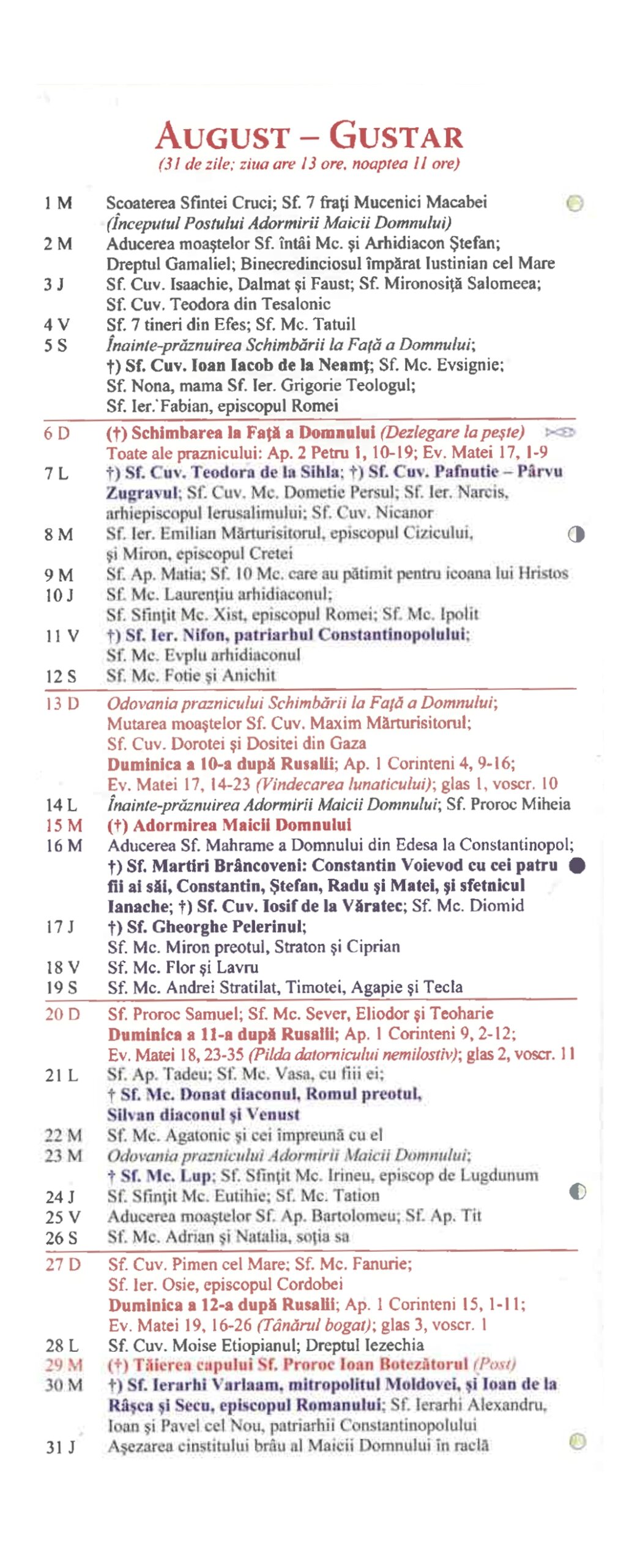 Calendar Ortodox August Patriarhia ro