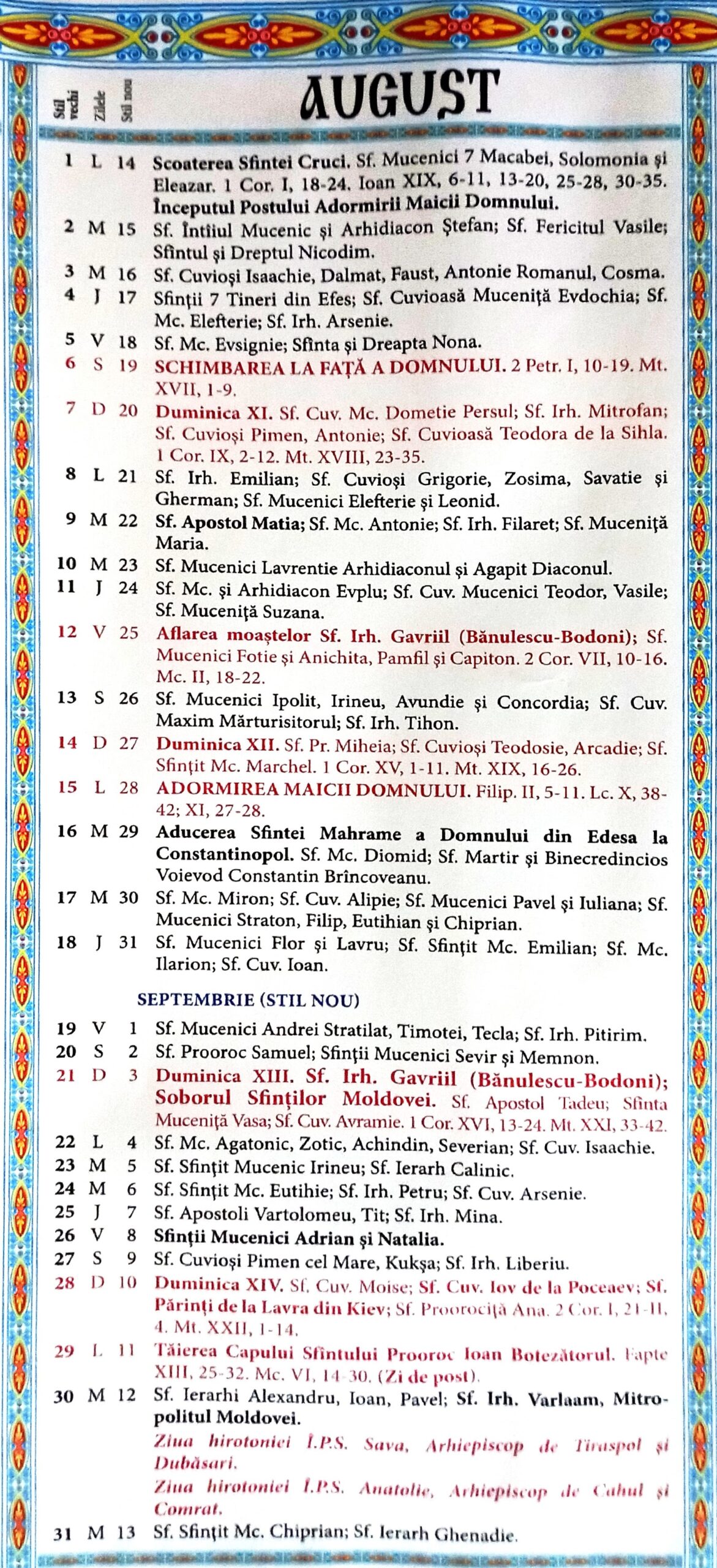 Calendar Ortodox August 2025