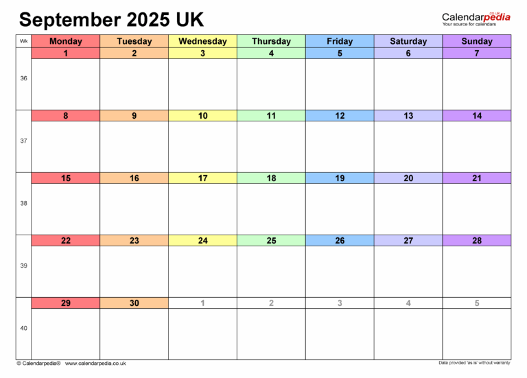 Calendar September 2025 UK With PDF Excel And Word Templates