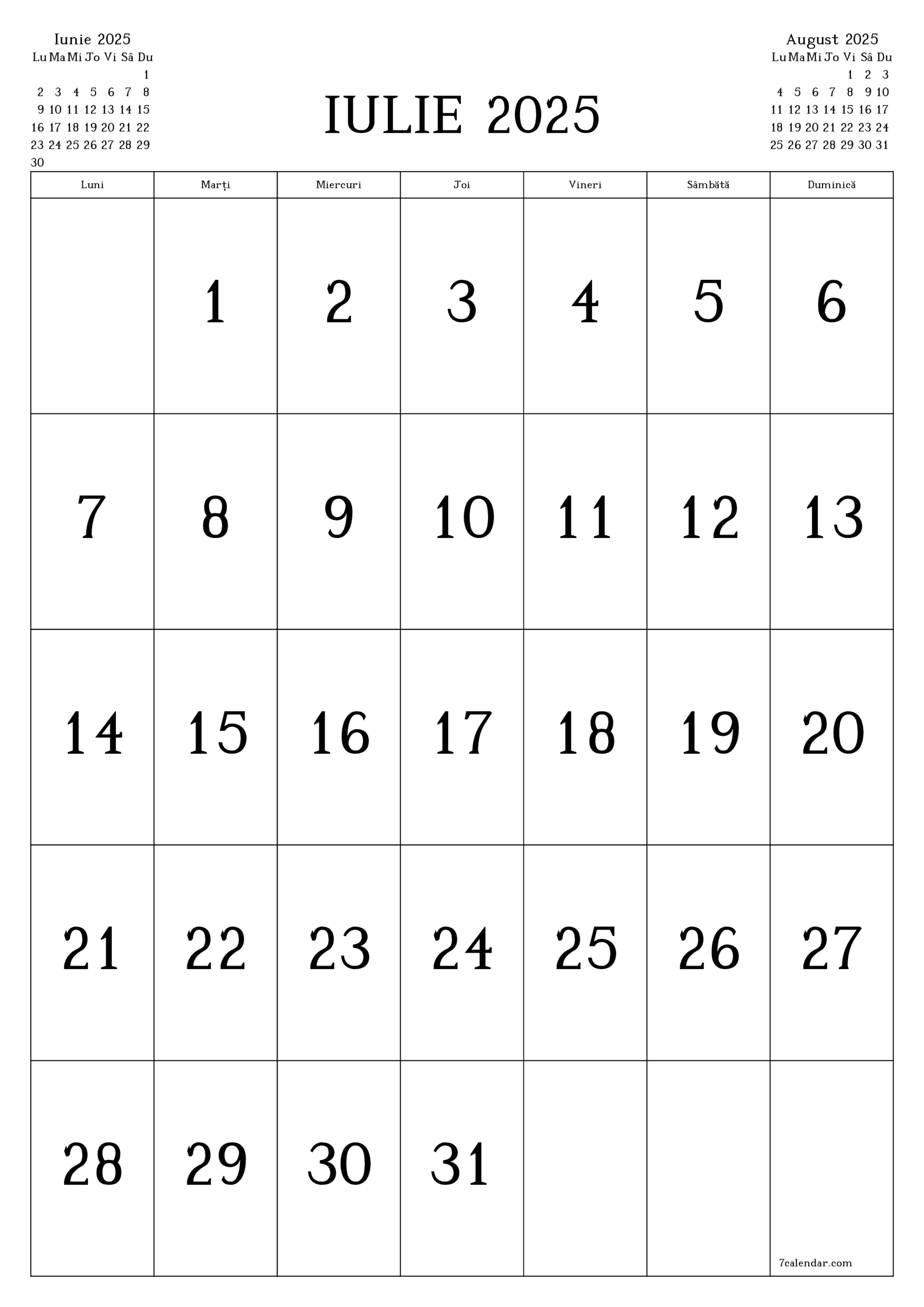 Calendare i Planificatori De Imprimat Iulie 2025 A4 A3 n PDF i PNG 7calendar