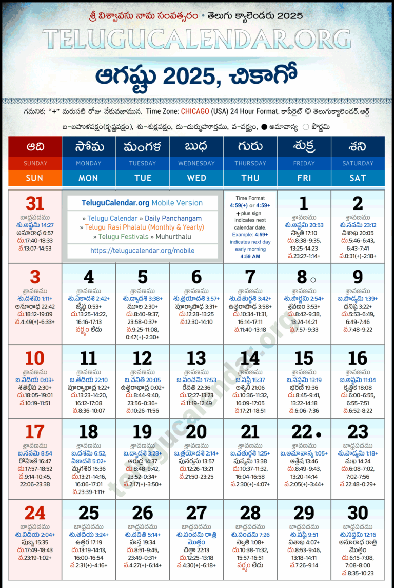 Chicago Telugu Calendar 2025 August PDF Festivals