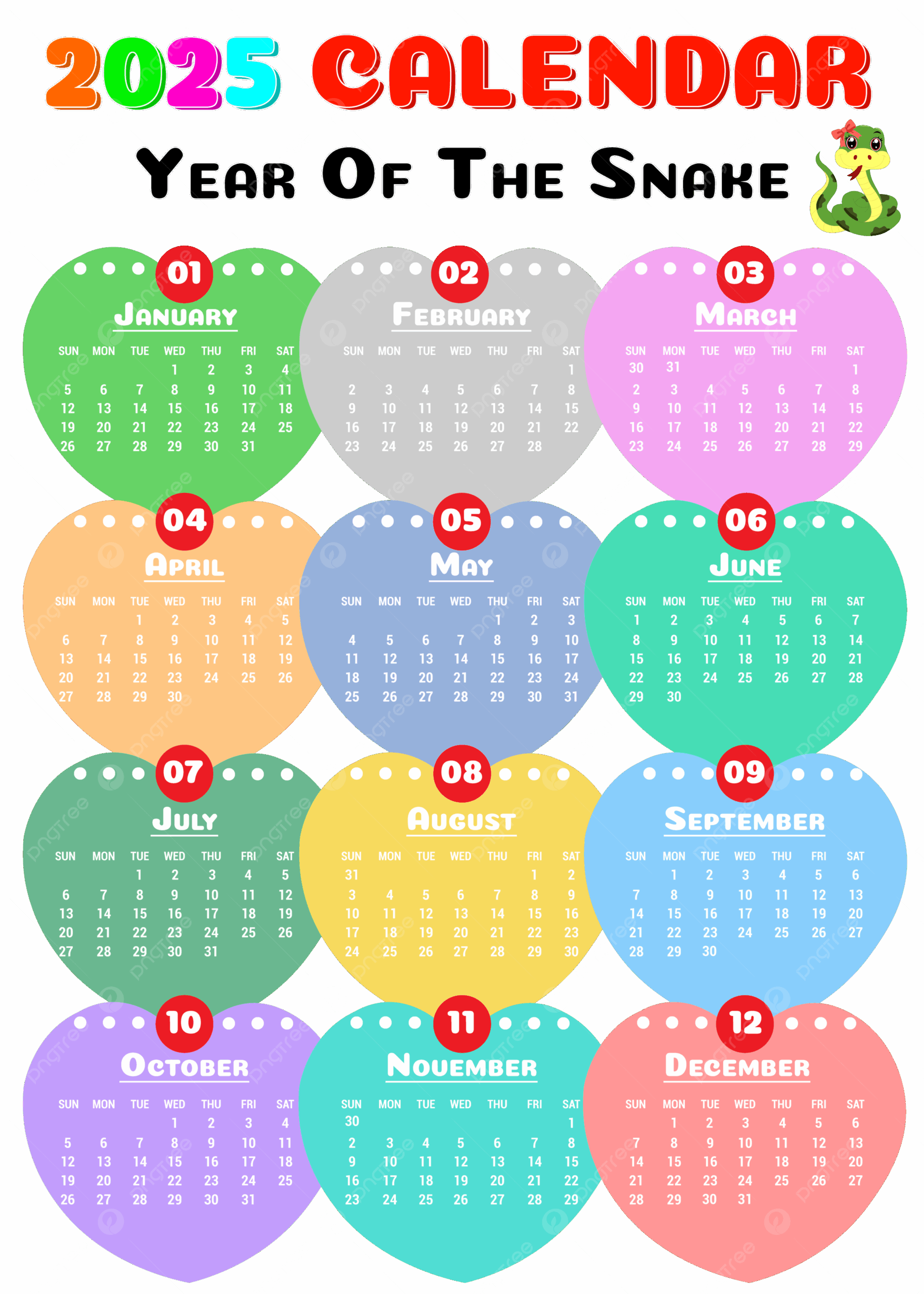 Cute Calendar 2025 Template Heart Shape Full 12 Months Colorful Design Year Of The Snake Vector Template Download On Pngtree