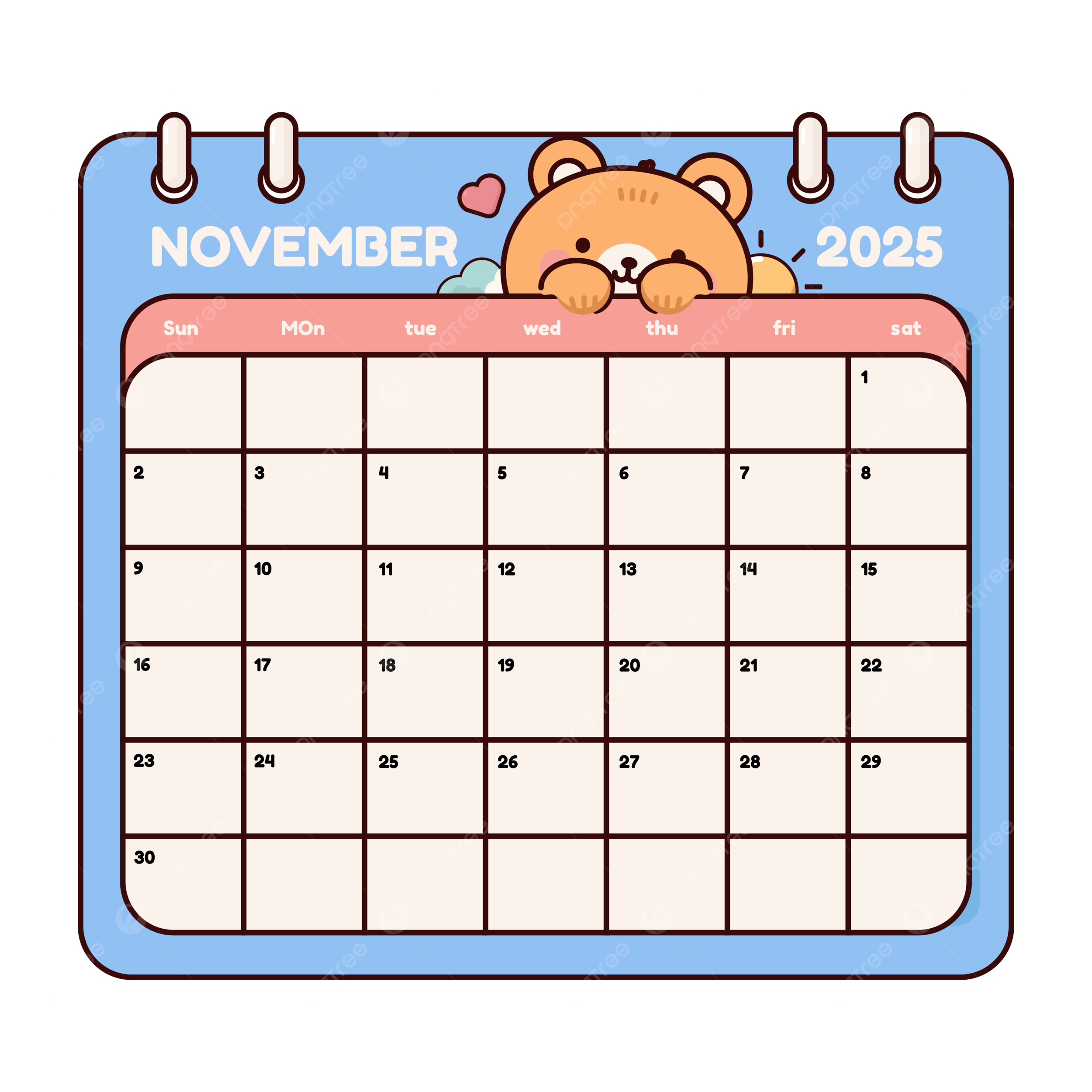 Cute Cartoon Bear November 2025 Calendar Page Wall Template Planner Diary In A Style Funny Character Isolated Vector Illustration Bear Clipart Cute Clipart Calendar Clipart PNG And Vector With Transparent Background For