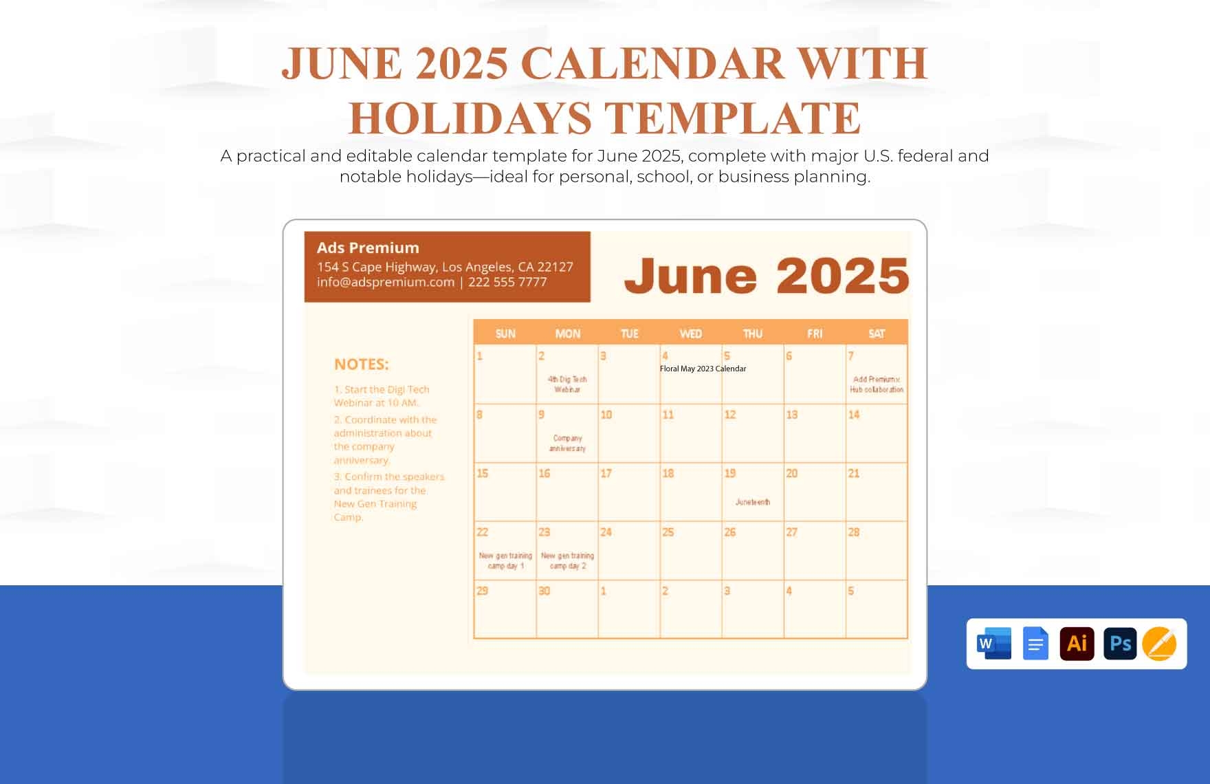 Cute June 2025 Calendar Template In Google Docs PSD Illustrator Word Apple Pages To Download Template