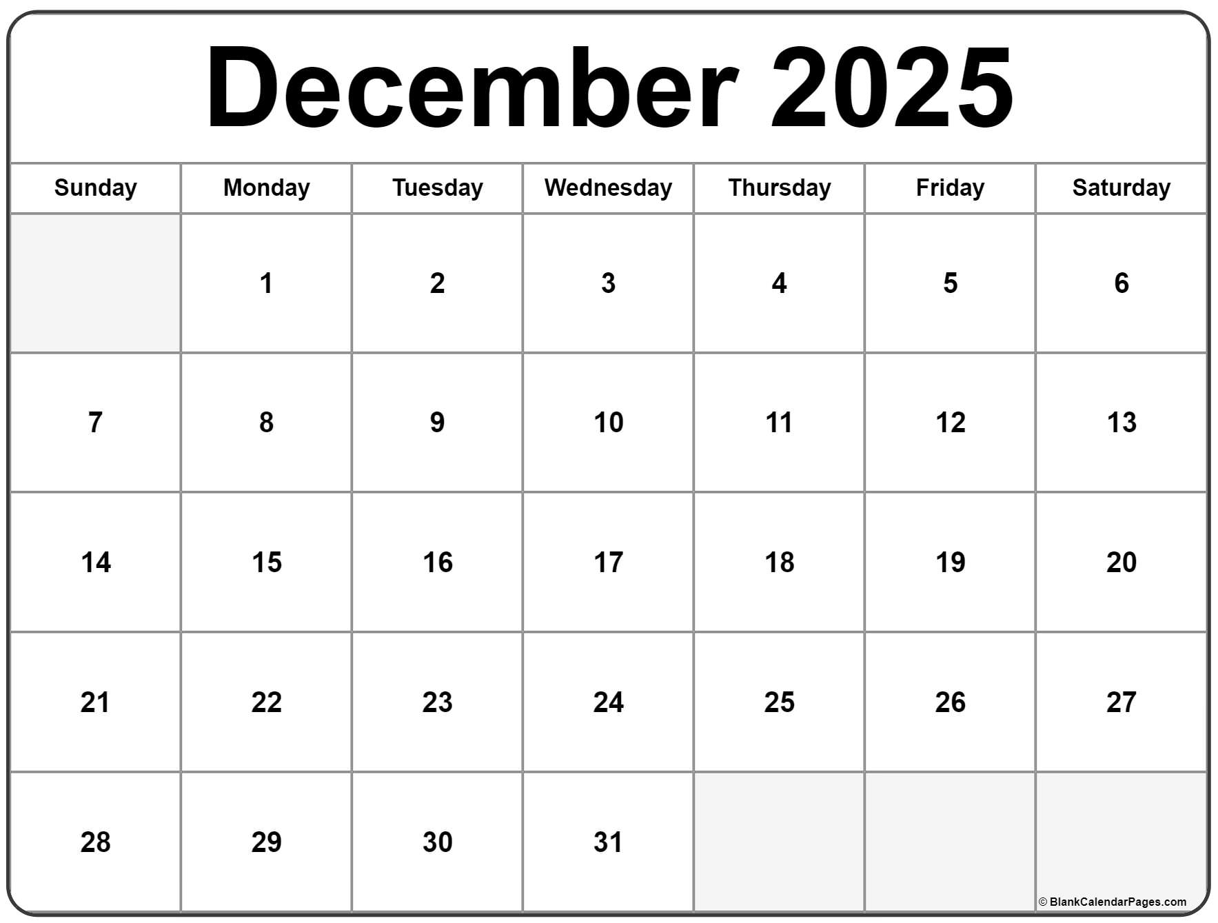 Printabulls December 2025 Calendar