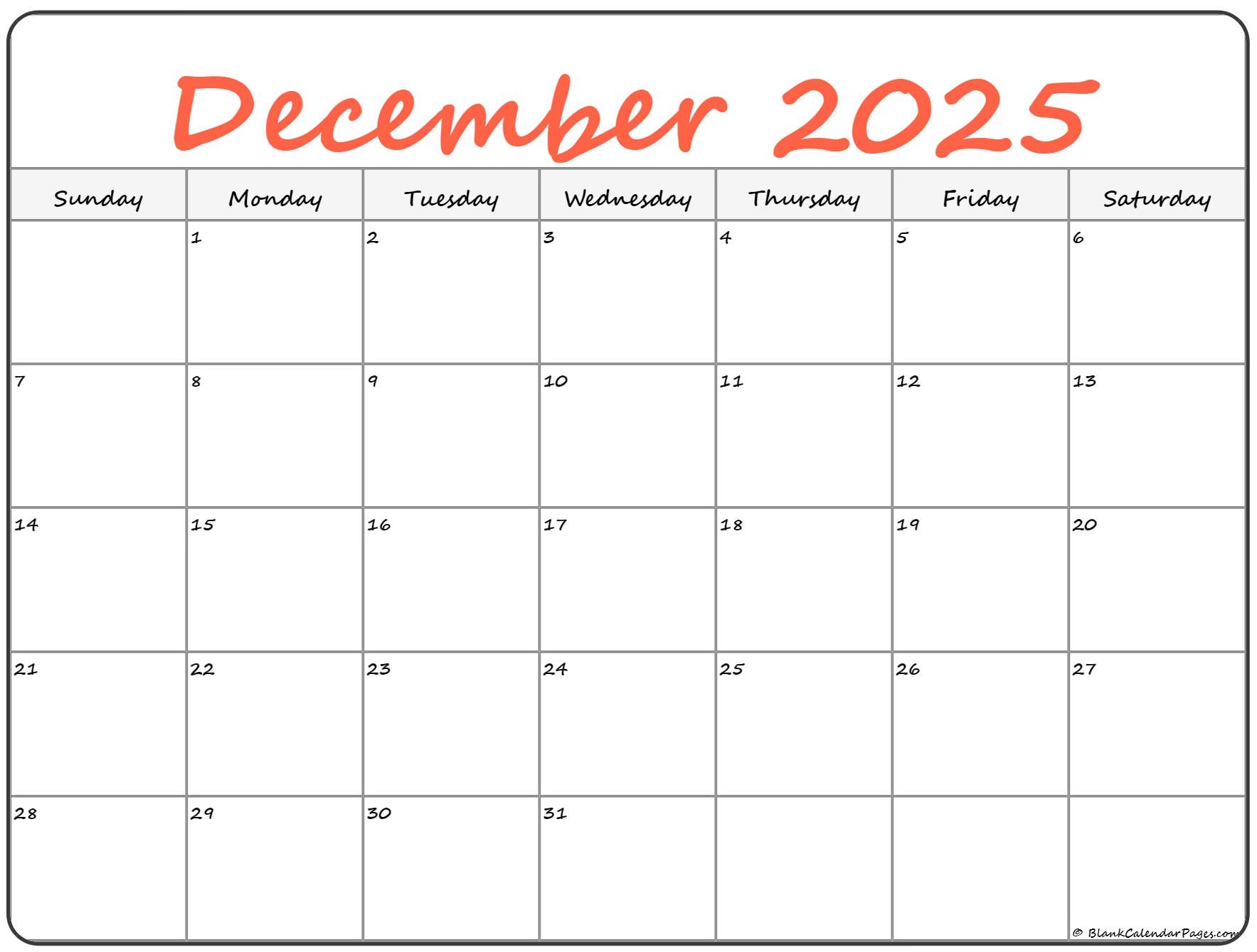 December 2025 Calendar Days