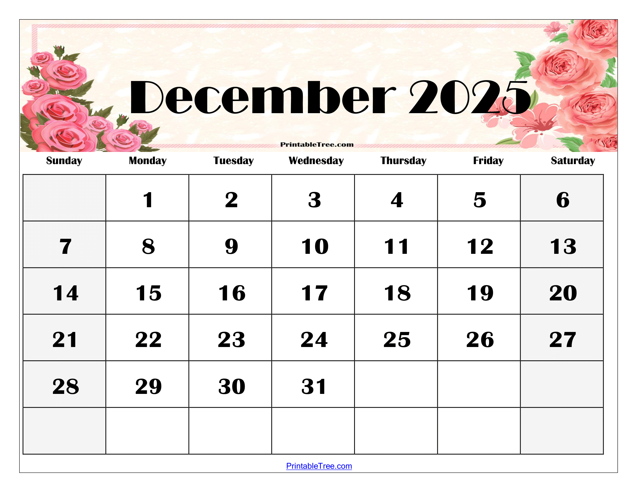 Printable Monthly Calendar For December 2025
