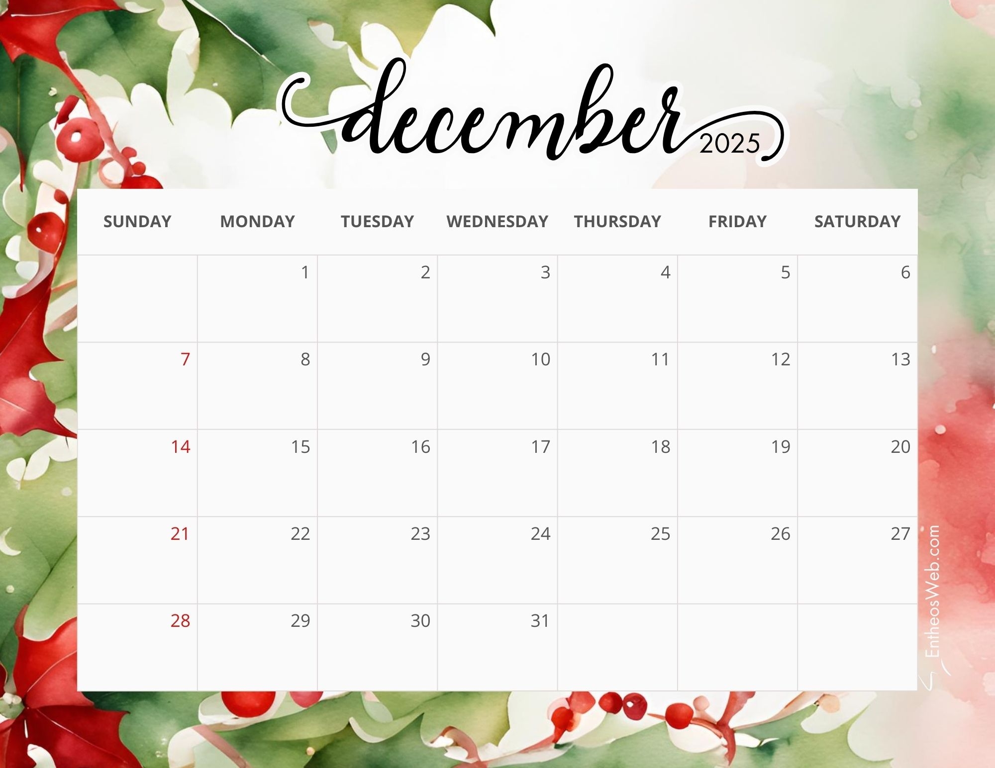 December 2025 Calendar Printables EntheosWeb