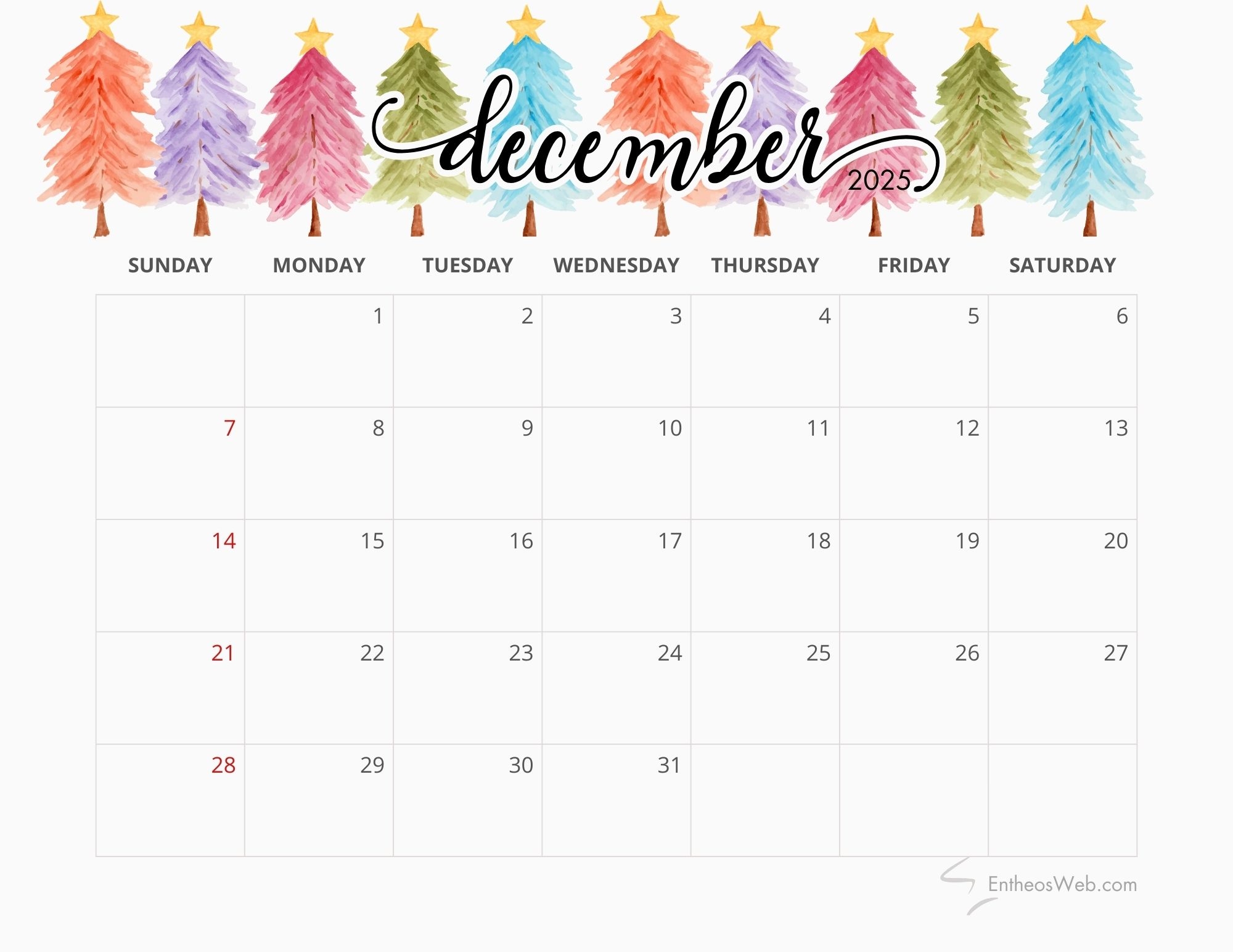 Free December 2025 Calendar With Holidays