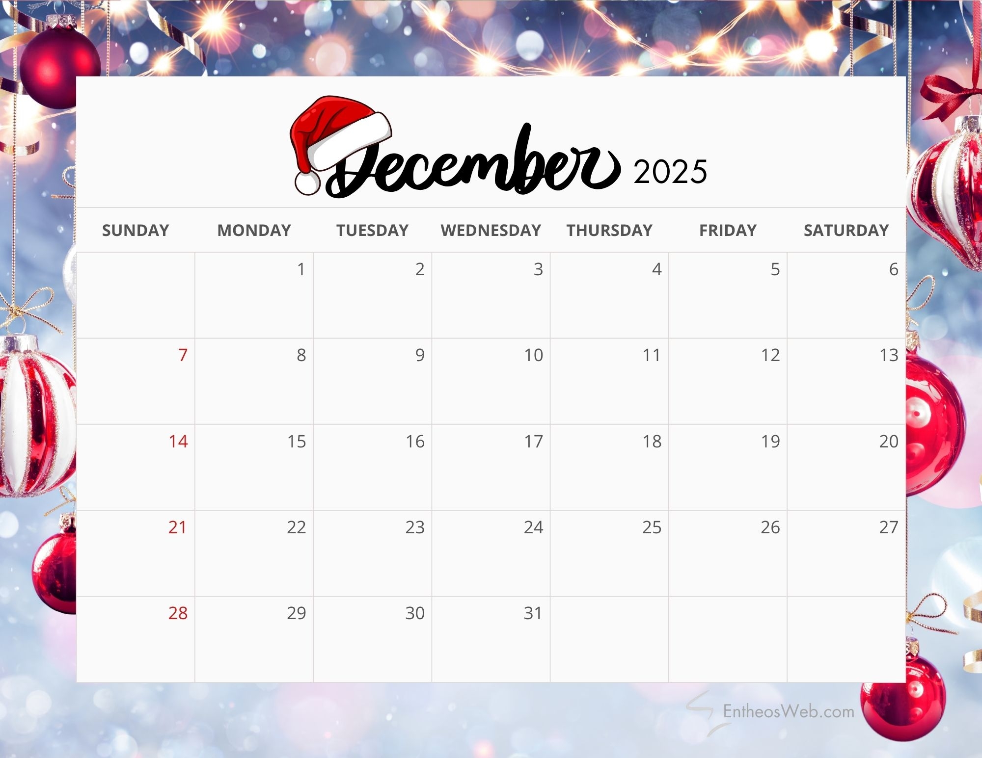 December 2025 Calendar Desktop Background December 2025 Calendar Desktop Background