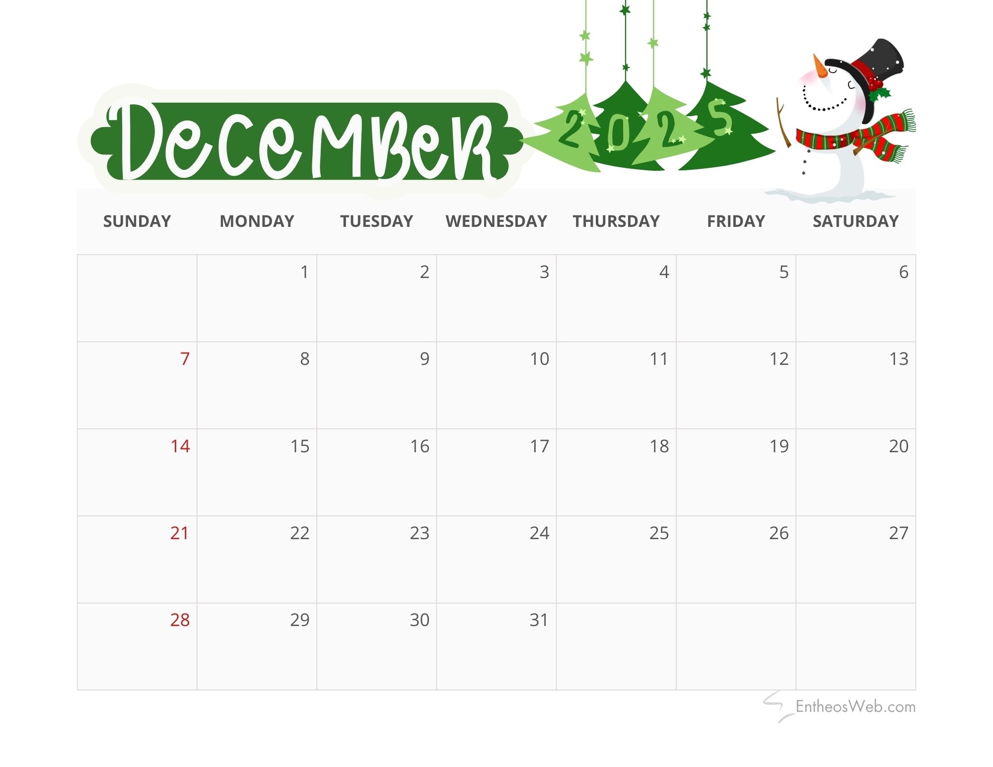 December 2025 Calendar Printables EntheosWeb