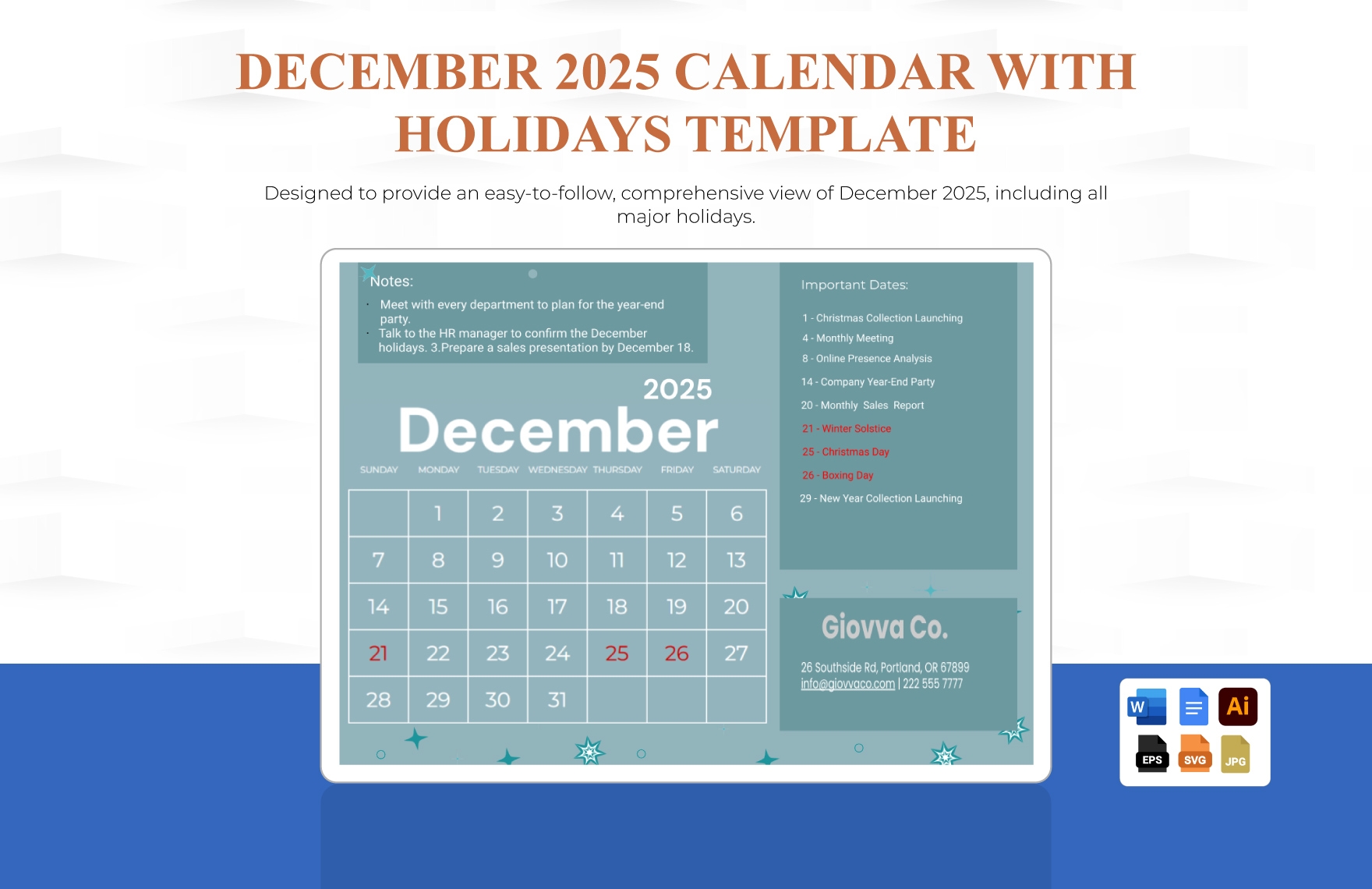 December 2025 Calendar With Holidays In EPS Illustrator JPG 
