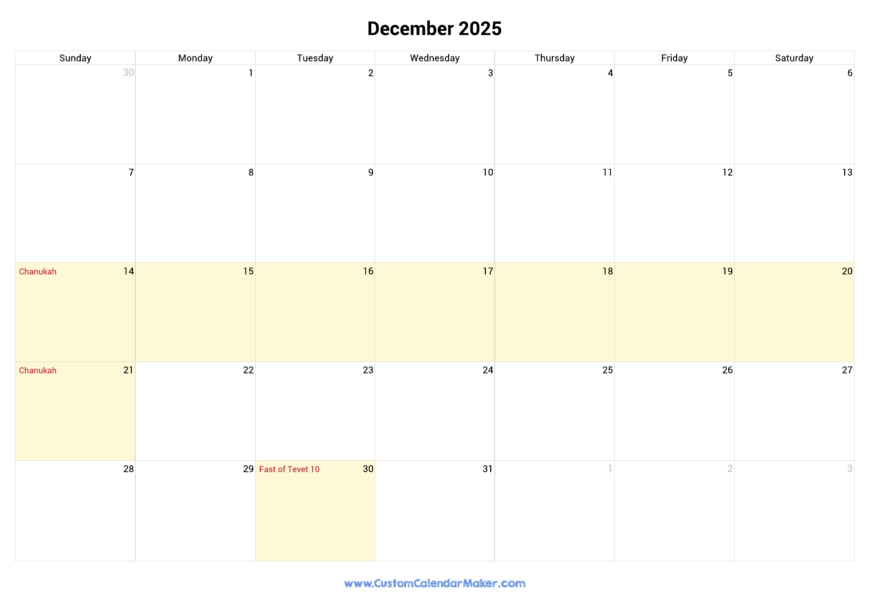 December 2025 Jewish Calendar With Hebrew Holidays Custom Calendar Maker