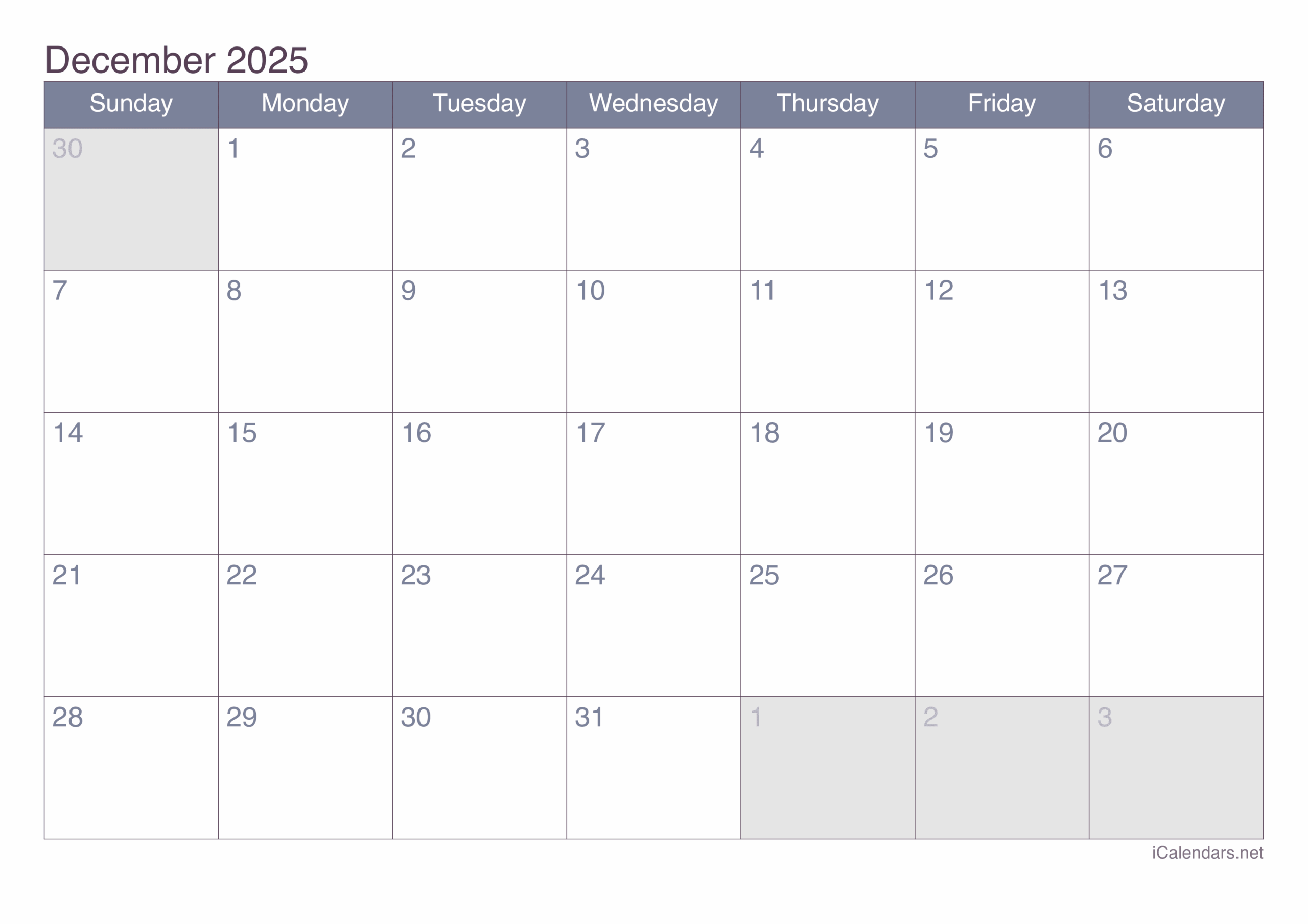 Downloadable December 2025 Calendar