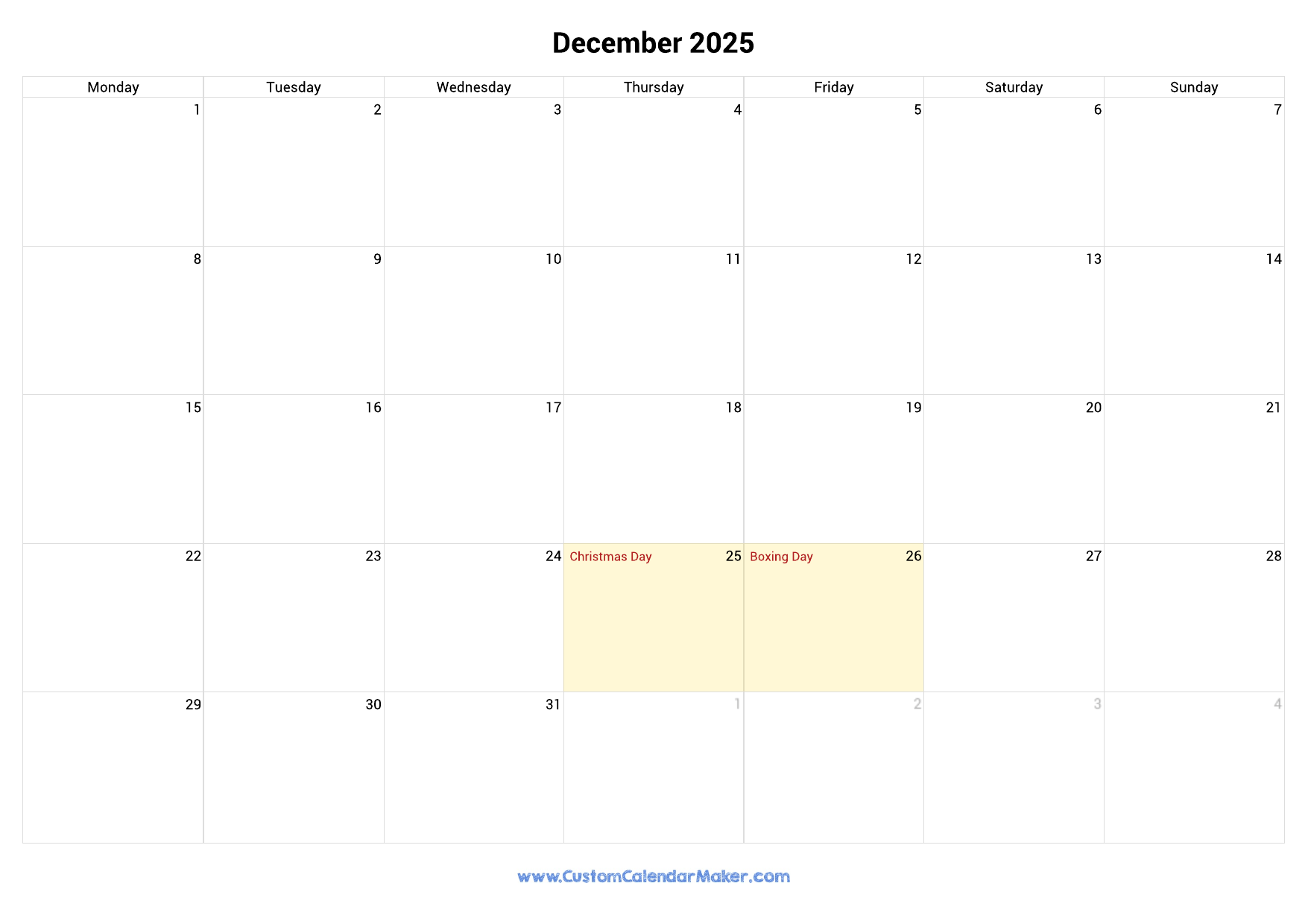 December 2025 Printable Calendar With UK Bank Holidays Custom Calendar Maker