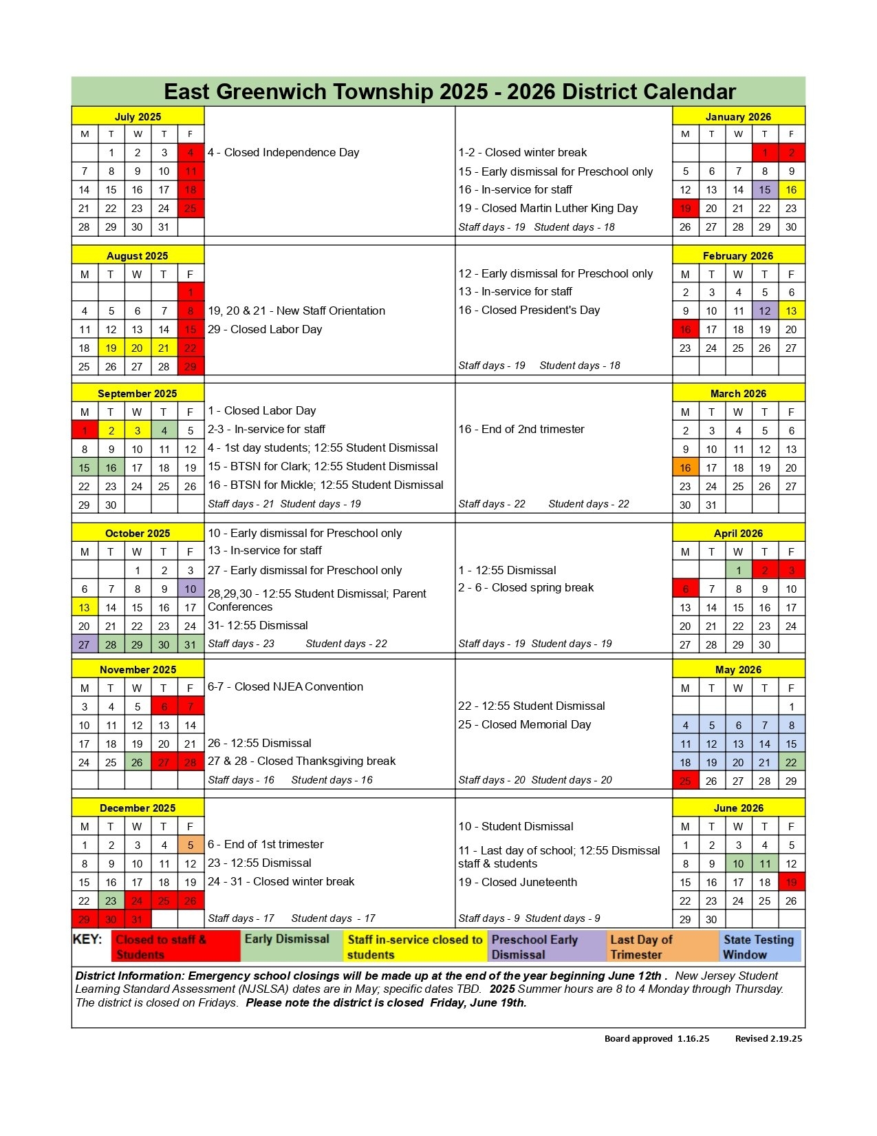 East Greenwich Township School District Calendar 25 26 Revised PDF EduCounty