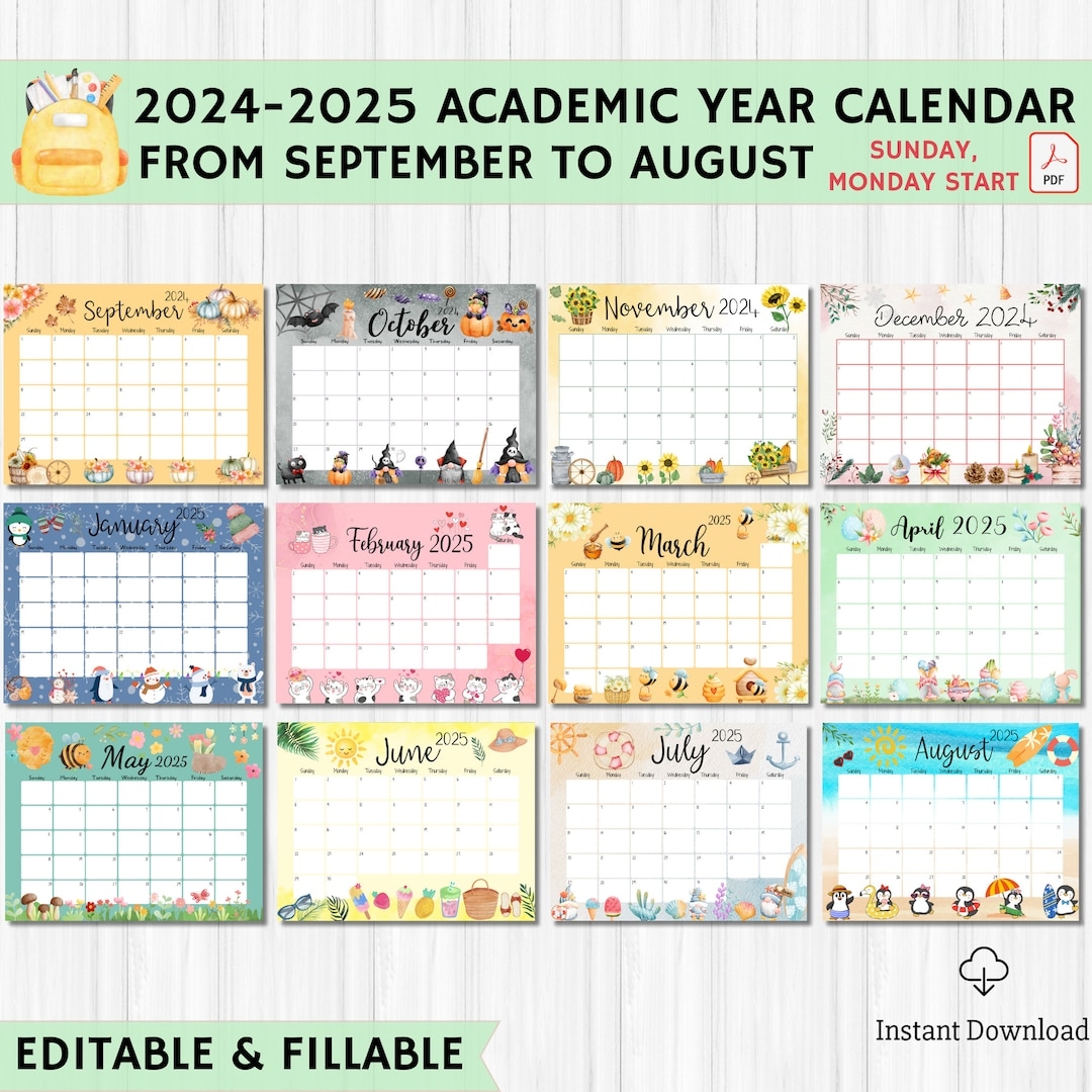 EDITABLE Academic Calendar 2024 2025 From September To August 