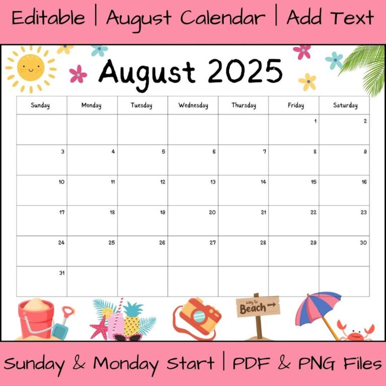Editable August 2025 Calendar Printable Fillable Digital Download 
