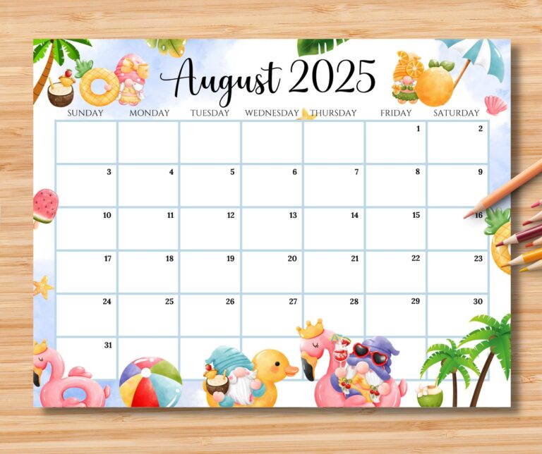EDITABLE August 2025 Calendar Relaxing Summer At The Beach With 