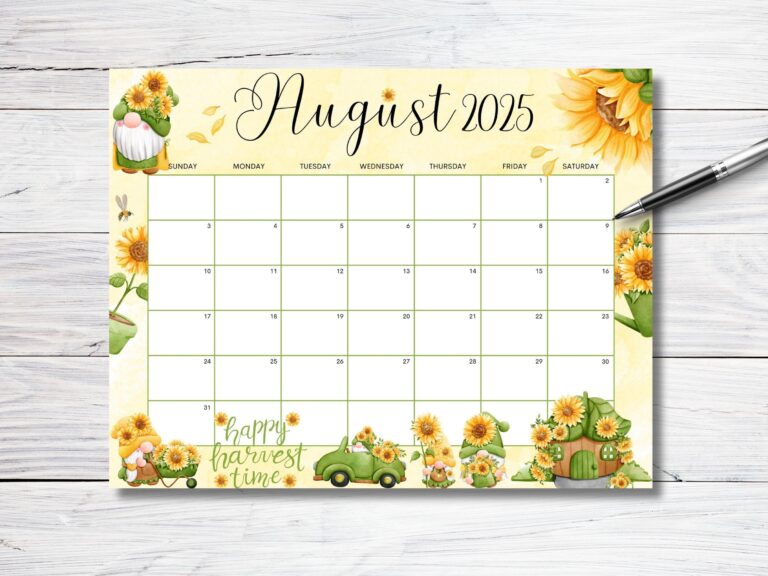 EDITABLE August 2025 Calendar Sunflower Gnome Garden Planner Monthly Kids School Schedule Printable Editable Calendar Instant Download Etsy