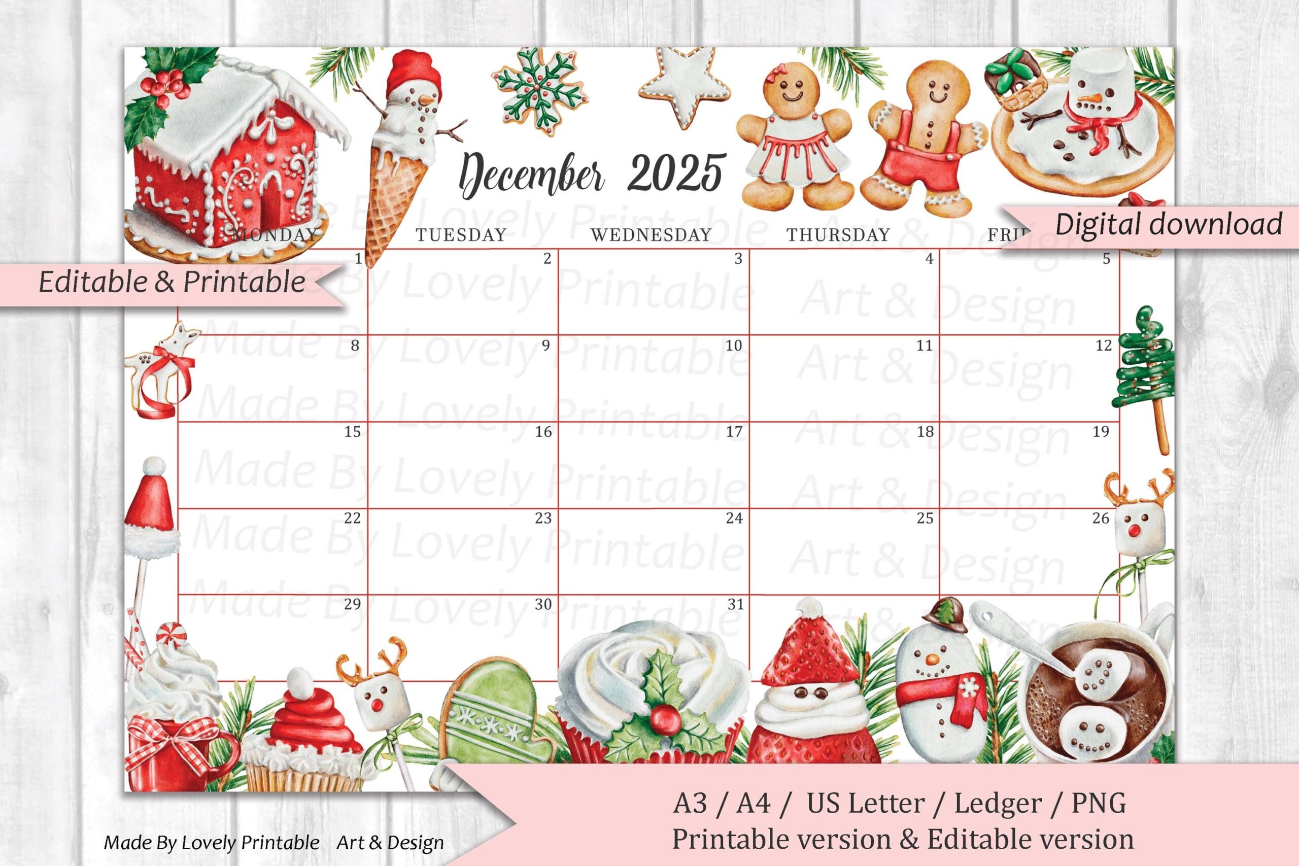 EDITABLE December 2025 Calendar Christmas Sweets U0026 Drinks mon fri Weekdays Only Printable Monthly Calendar Christmas Planner Kids Etsy