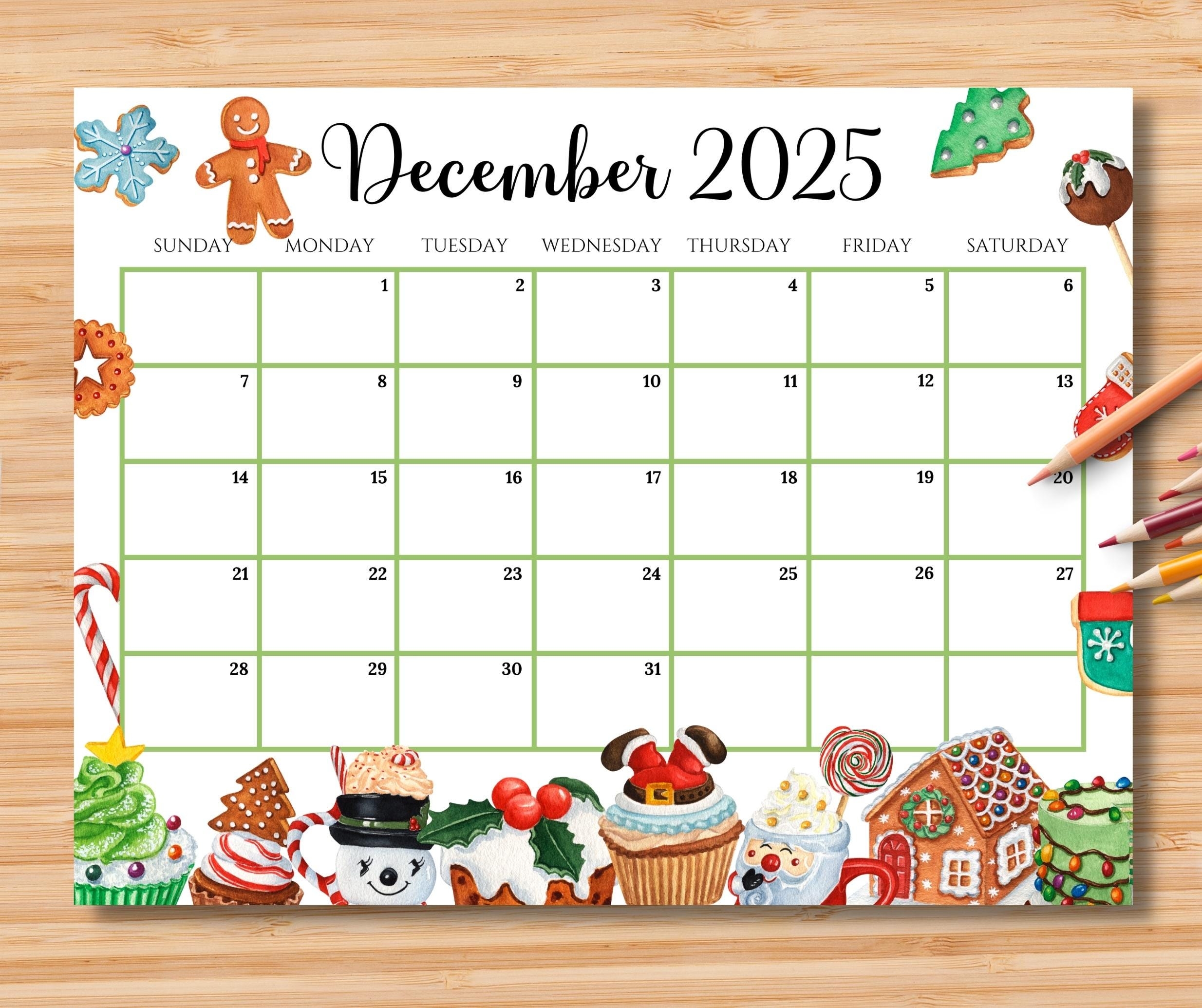EDITABLE December 2025 Calendar Colorful Christmas W Sweets 