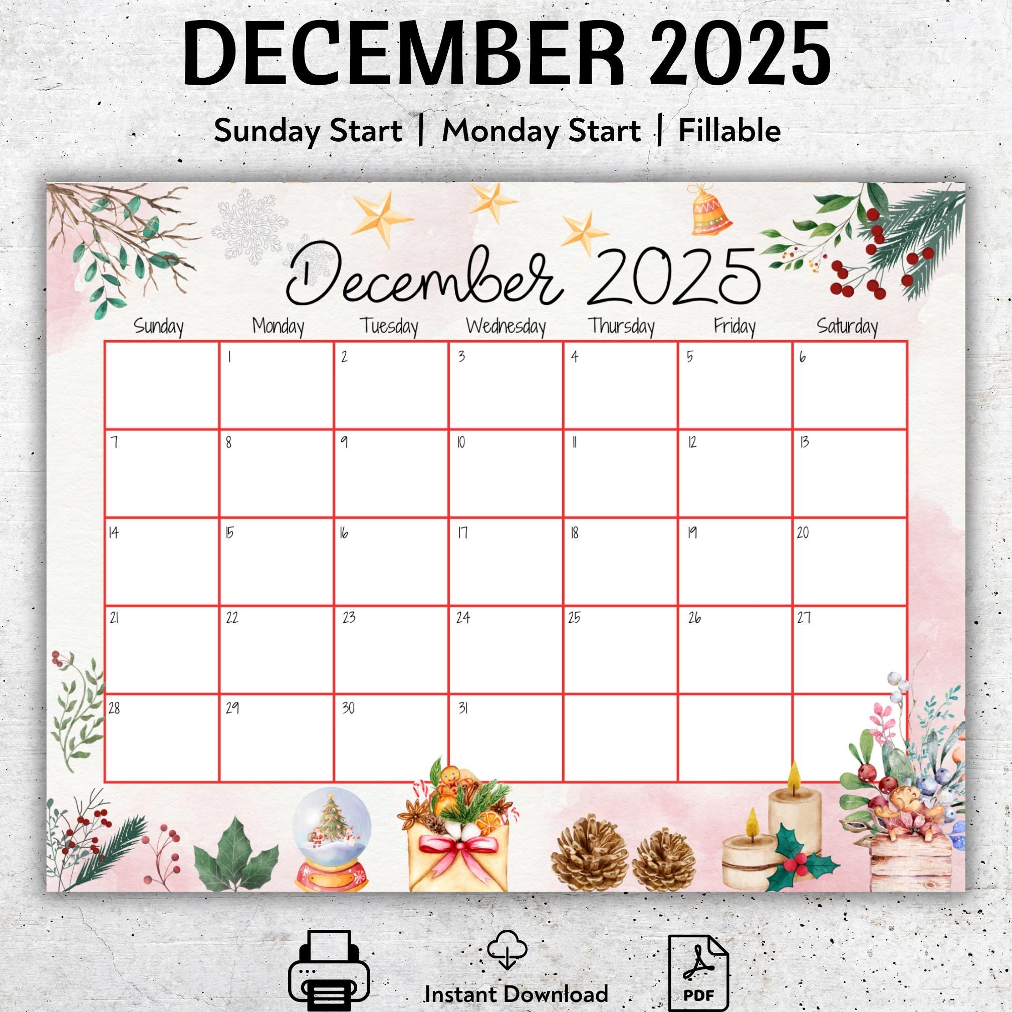 Cute December 2025 Calendar Printable