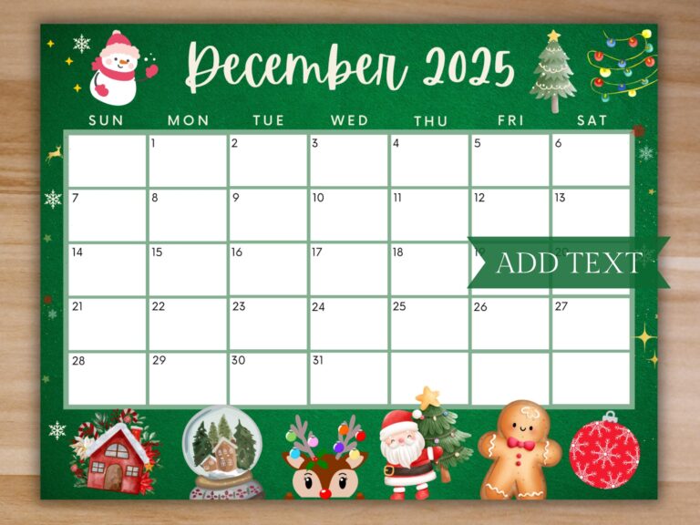 Editable December 2025 Calendar Printable Green Christmas Calendar W Snowman Holiday Calendar Cute Calendar School Calendar For Kids Etsy