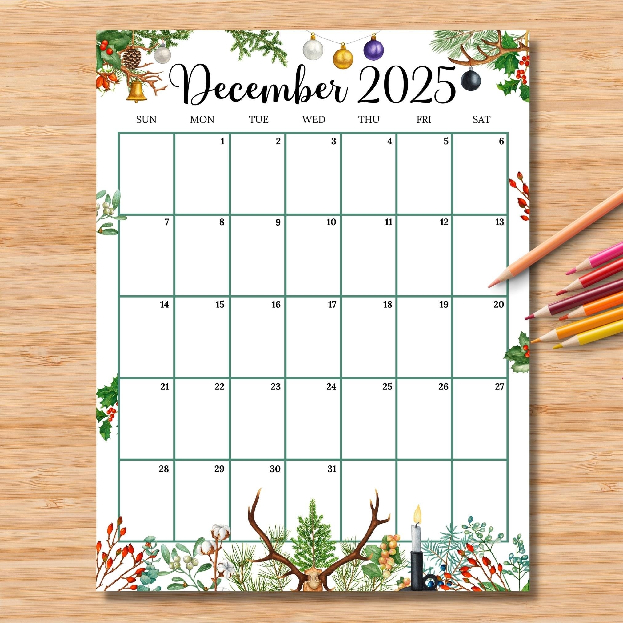 EDITABLE December 2025 Calendar vertical portrait Colorful 