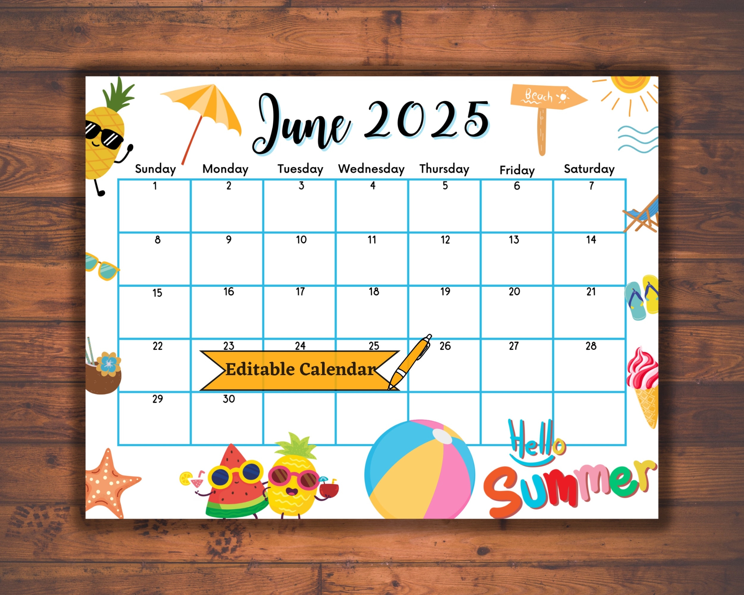 Editable Fillable June 2025 Wall Calendar Printable Classroom Planner Joyful Summer Sun Monthly Kids School Schedule Family Digital PDF Etsy