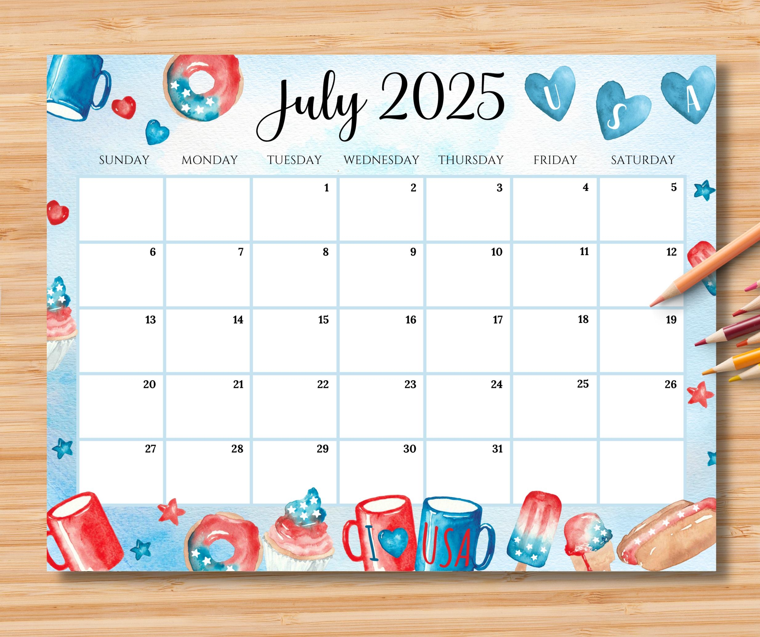 EDITABLE July 2025 Calendar 4th Of July Independence Day Planner 