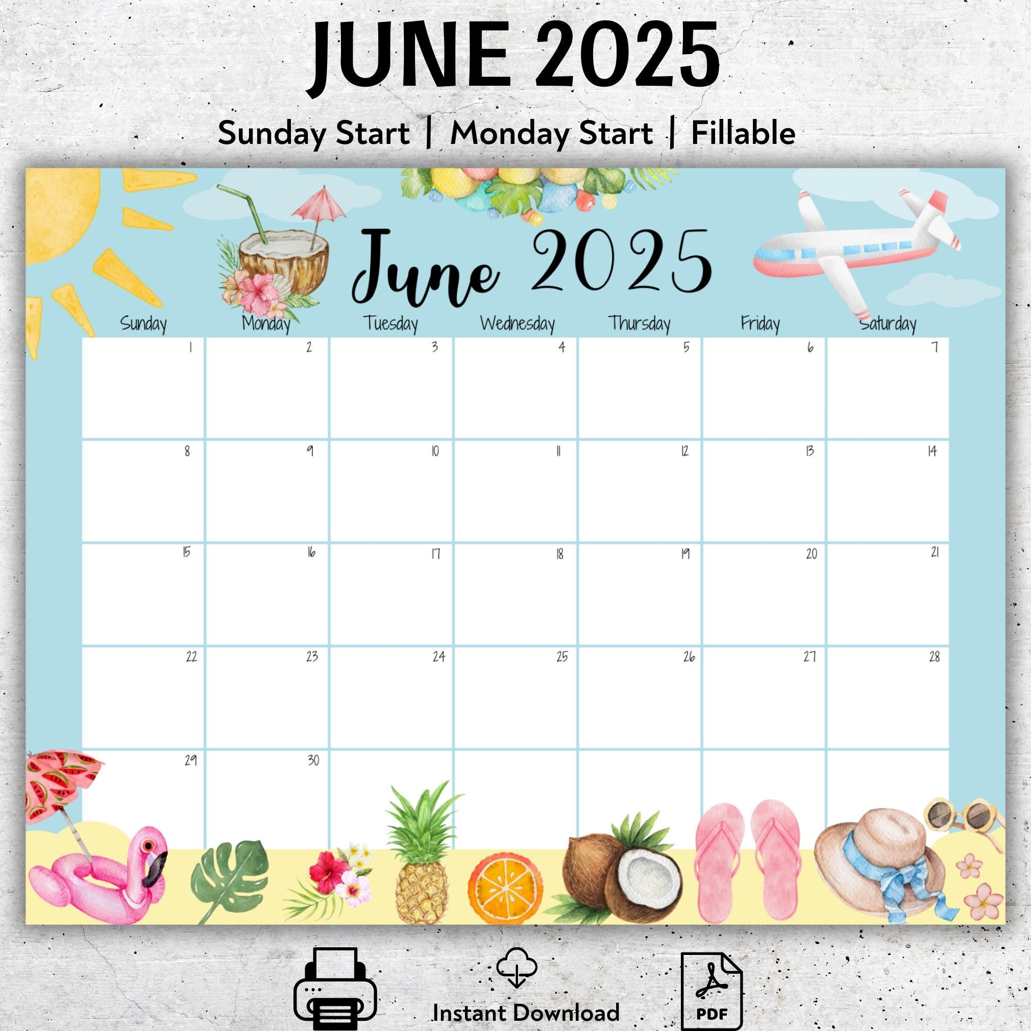 EDITABLE June 2025 Calendar 2025 Summer Calendar Fillable June 