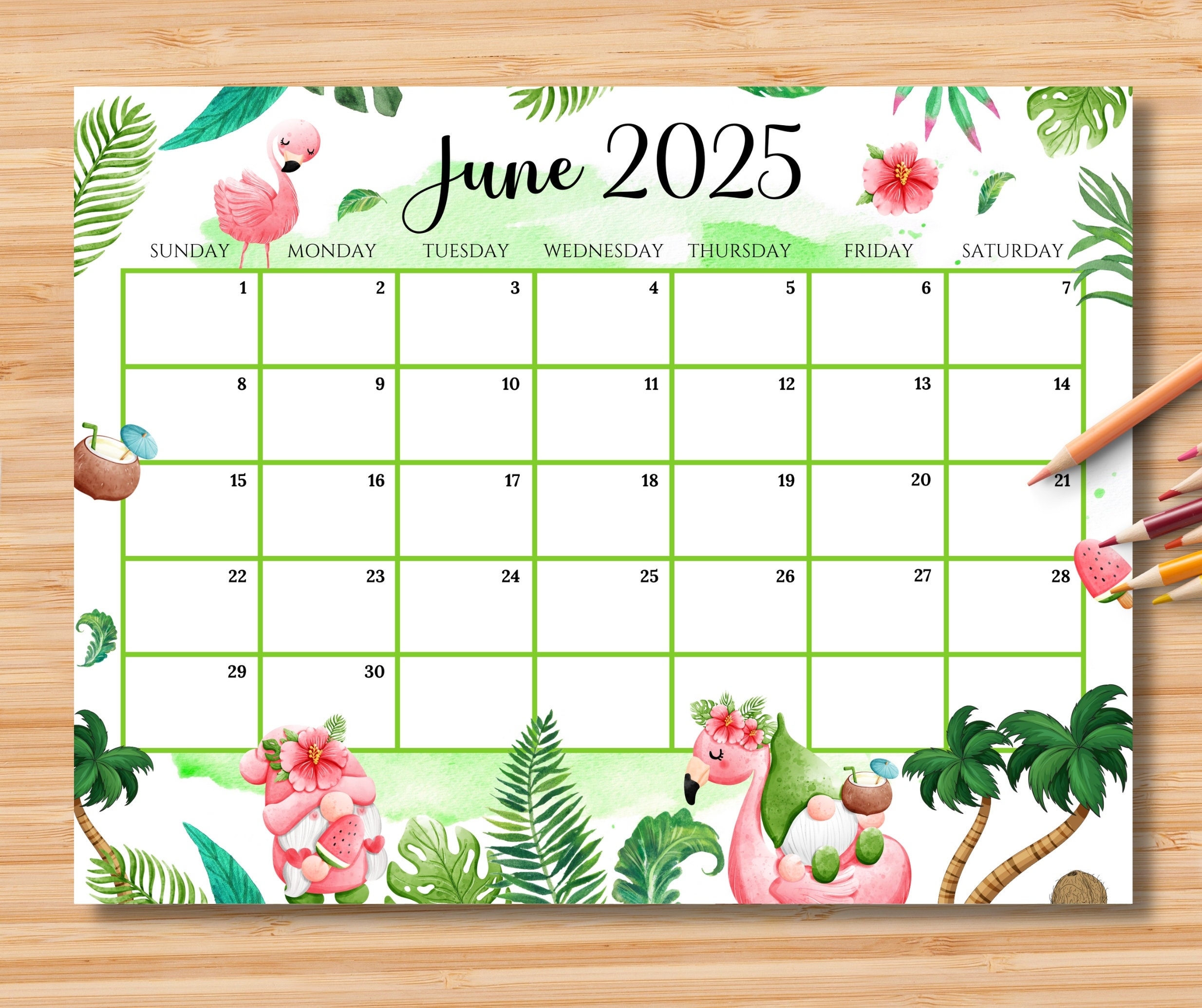 EDITABLE June 2025 Calendar Joyful Summer With Cute Gnomes U0026 Coconut Trees Printable Classroom Calendar Planner Kids School Schedule Etsy