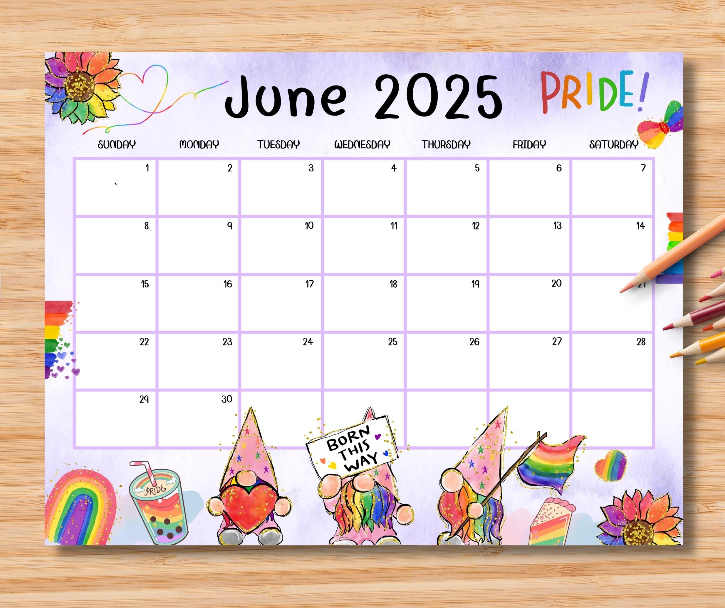 EDITABLE June 2025 Calendar LGBT Pride Month Planner W Rainbow 