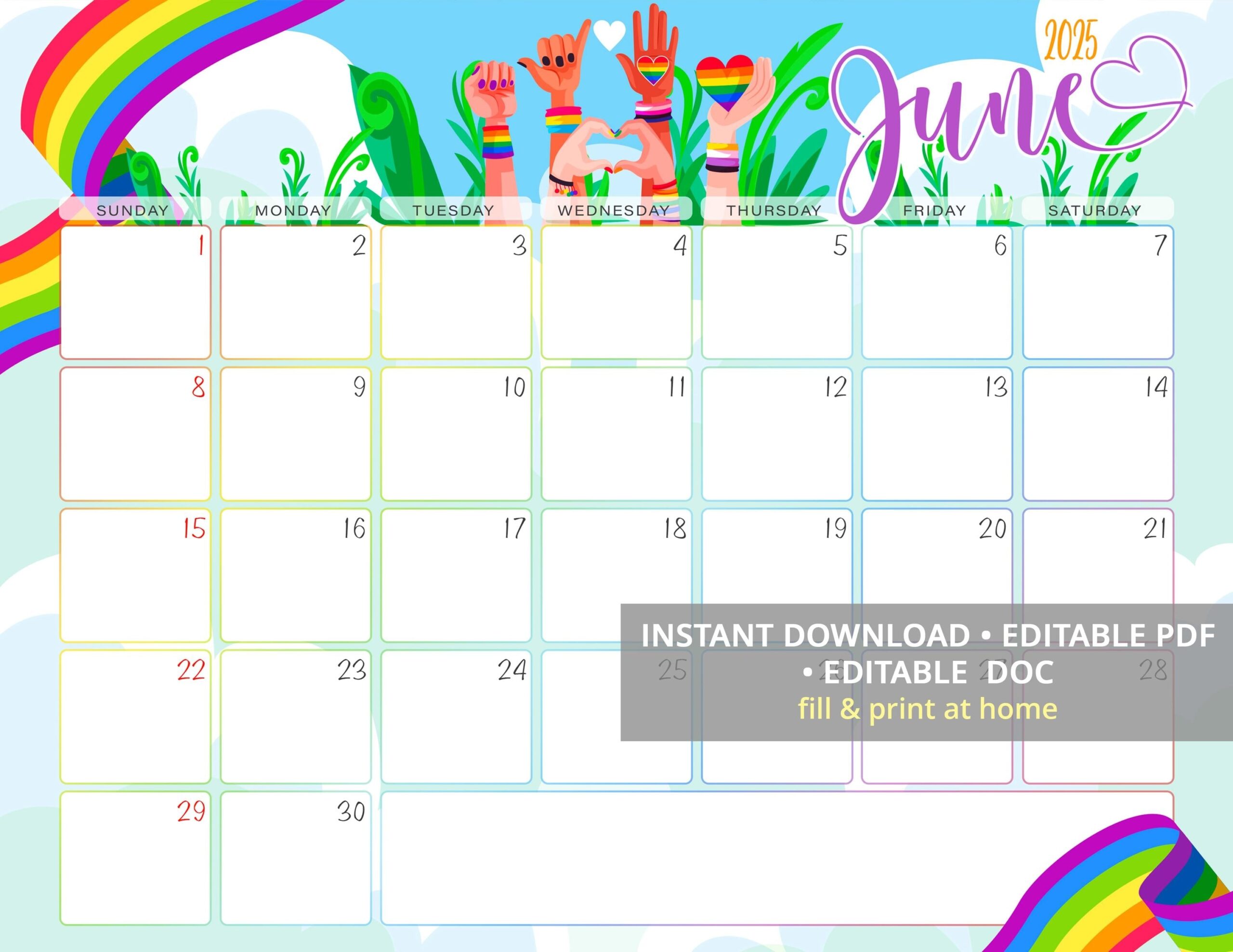 Editable June 2025 Calendar Pride Month LGBT Queer Digital Calendar Letter Size Sunday start Instant Download Etsy