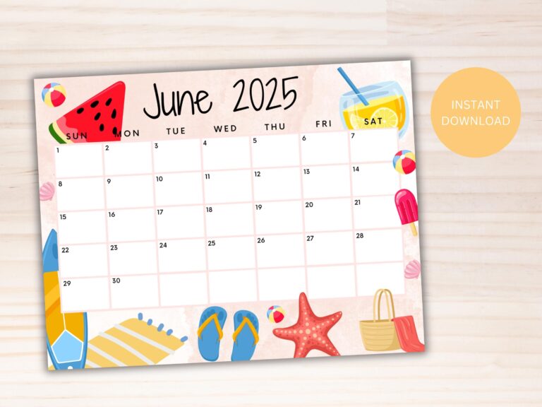EDITABLE June 2025 Calendar Printable Calendar Summer Calendar W