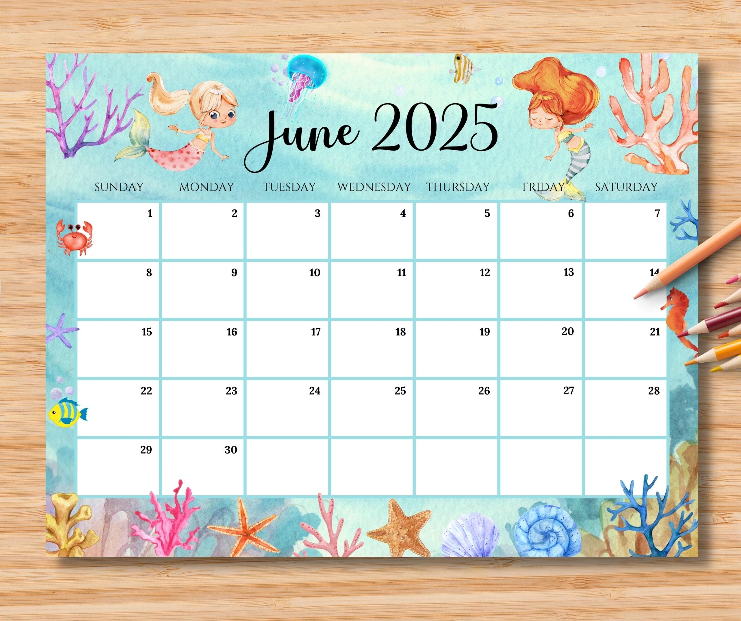 EDITABLE June 2025 Calendar Wonderful Summer W Cute Mermaids 