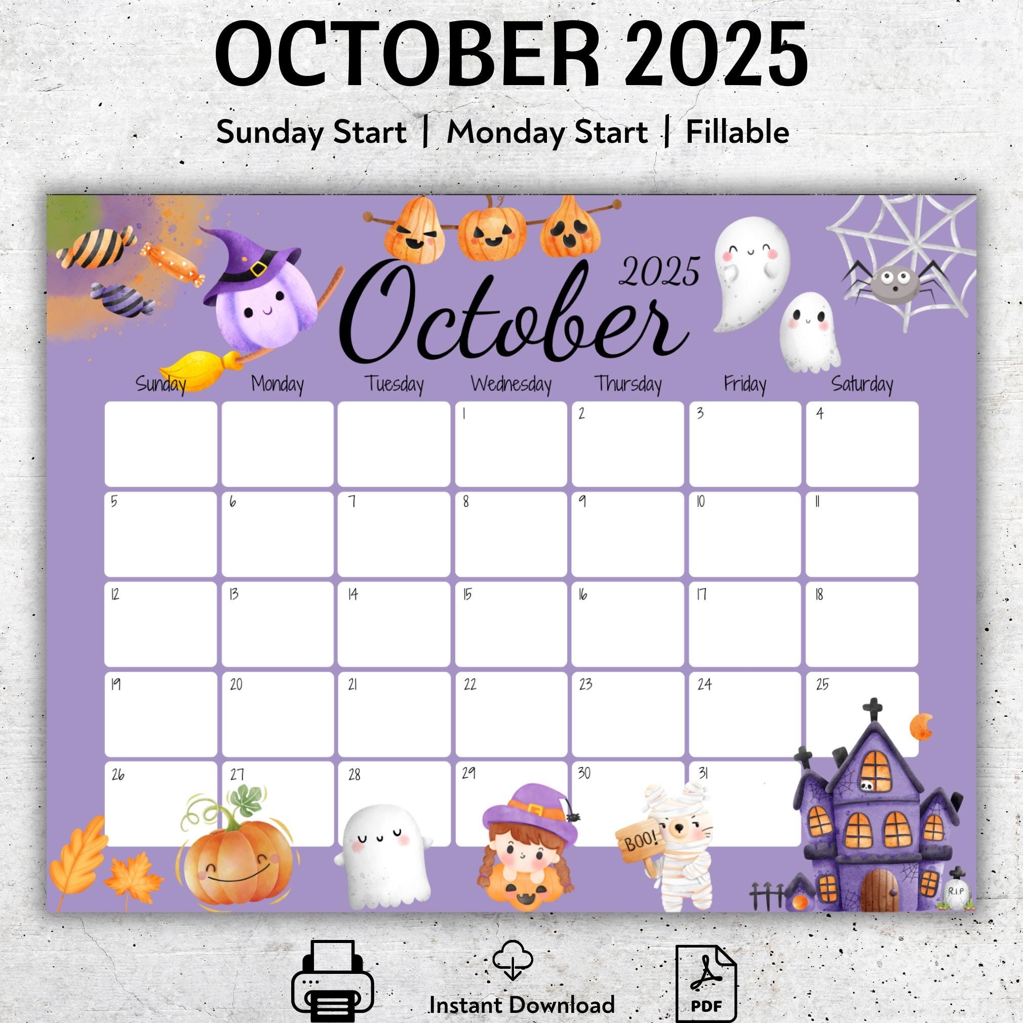 EDITABLE October 2025 Calendar Happy Halloween Pretty Ghost 